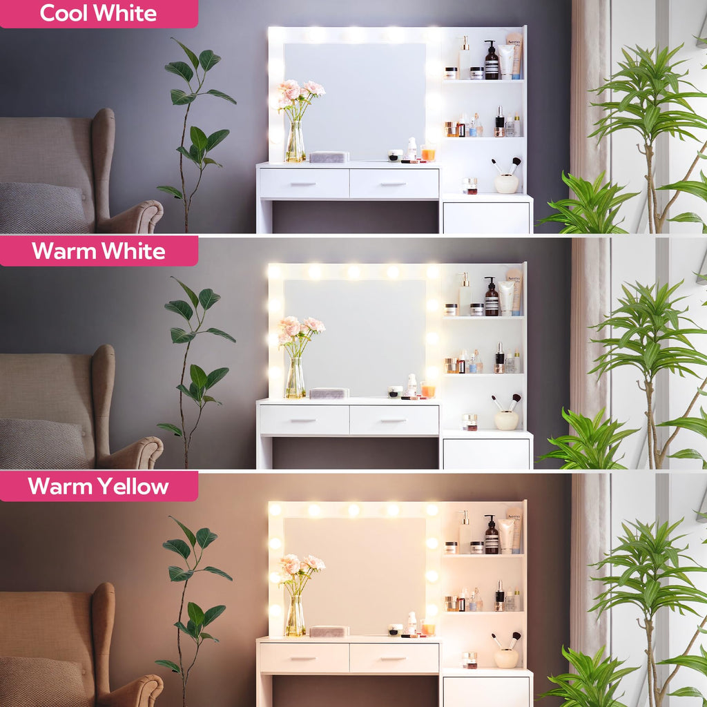 Vanity Desk with Mirror and LED Light Strip,Dressing Table with Large Drawer, 3 Level Storage Dresser & 3 Lighting Modes Adjustable Brightness
