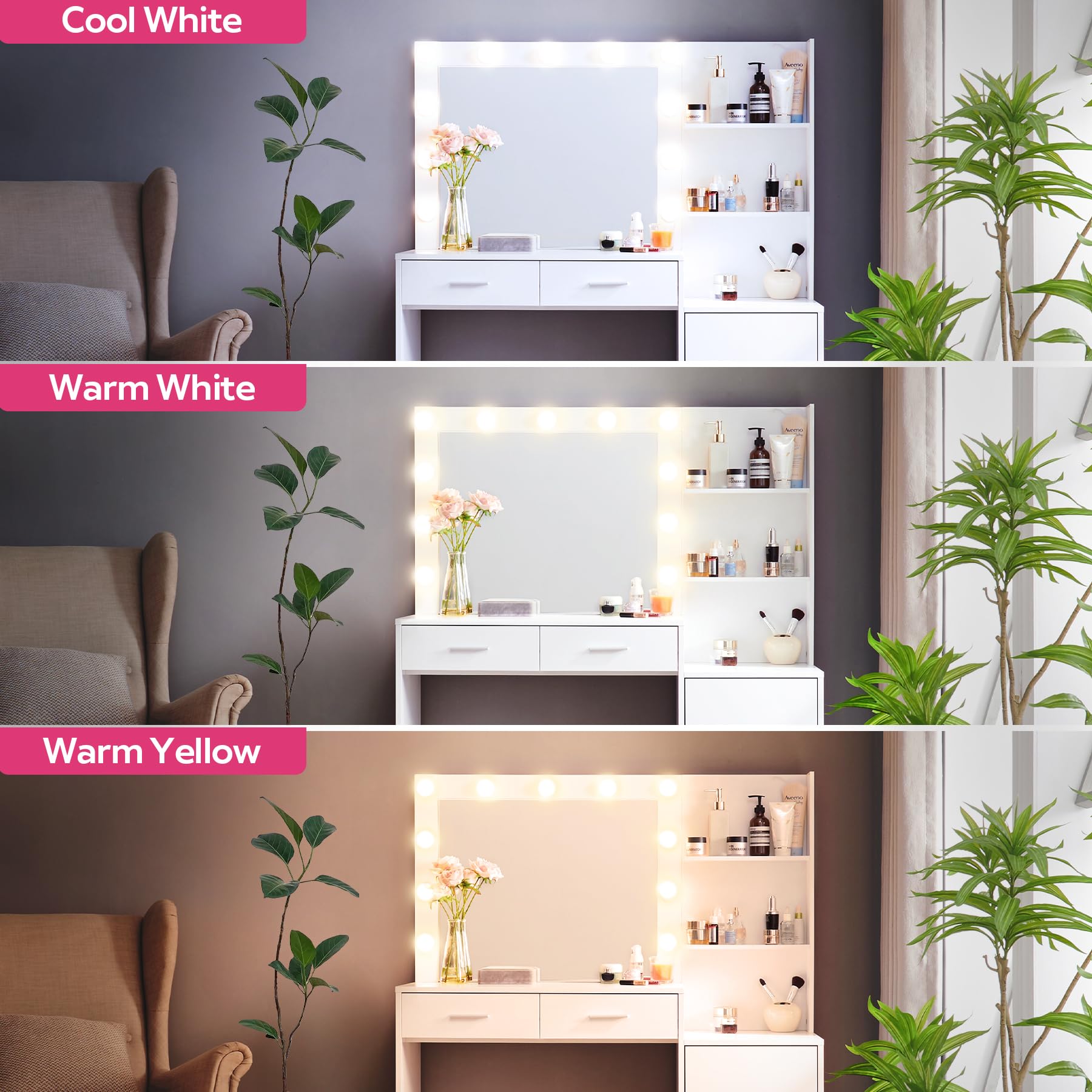 Vanity Desk with Mirror and LED Light Strip,Dressing Table with Large Drawer, 3 Level Storage Dresser & 3 Lighting Modes Adjustable Brightness