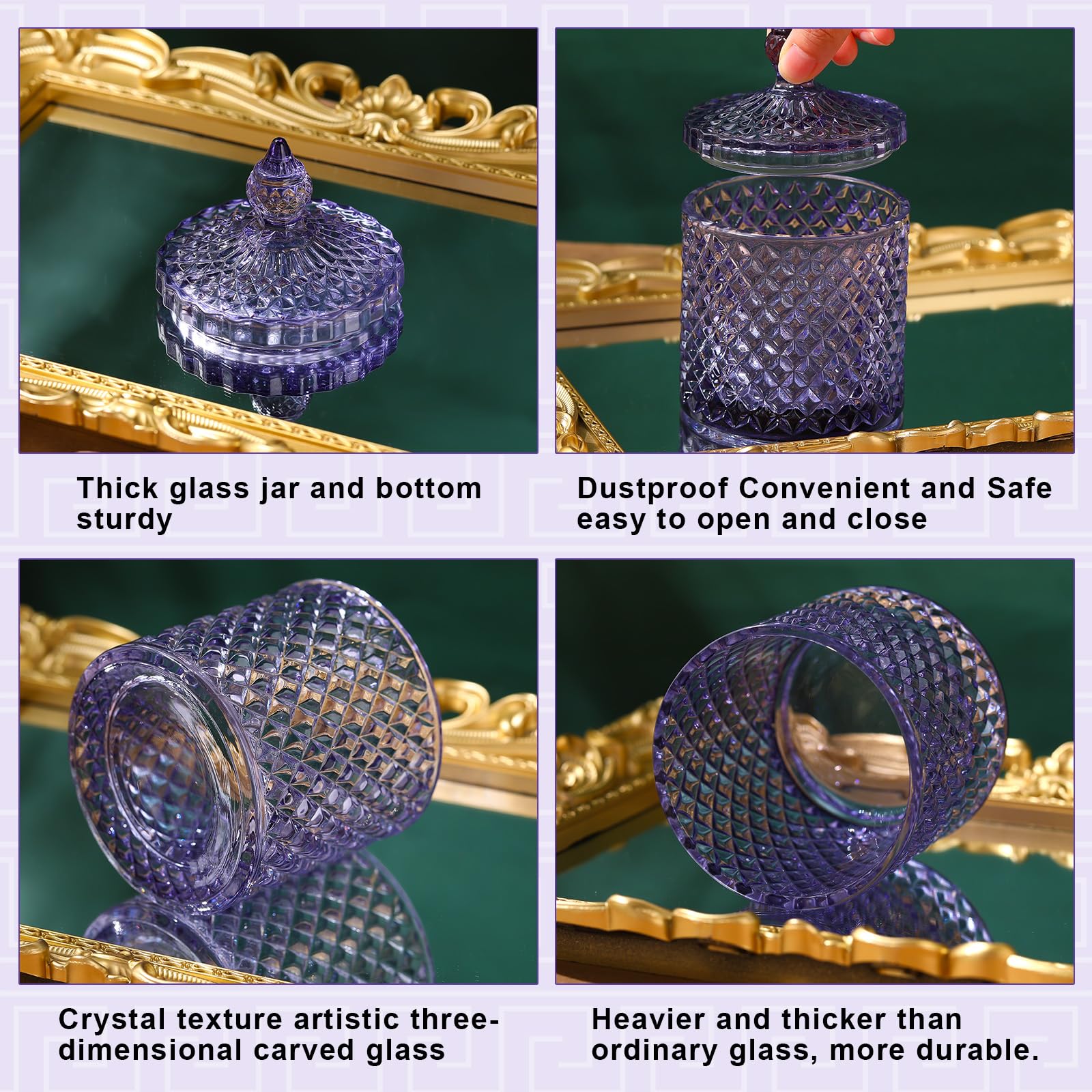 Crystal Glass Candy Jar Set with Lids Home Decorative Storage Jars for Apothecary, Bathroom, Kitchen, and Pantry, Ideal for Cotton Swabs and Jewelry