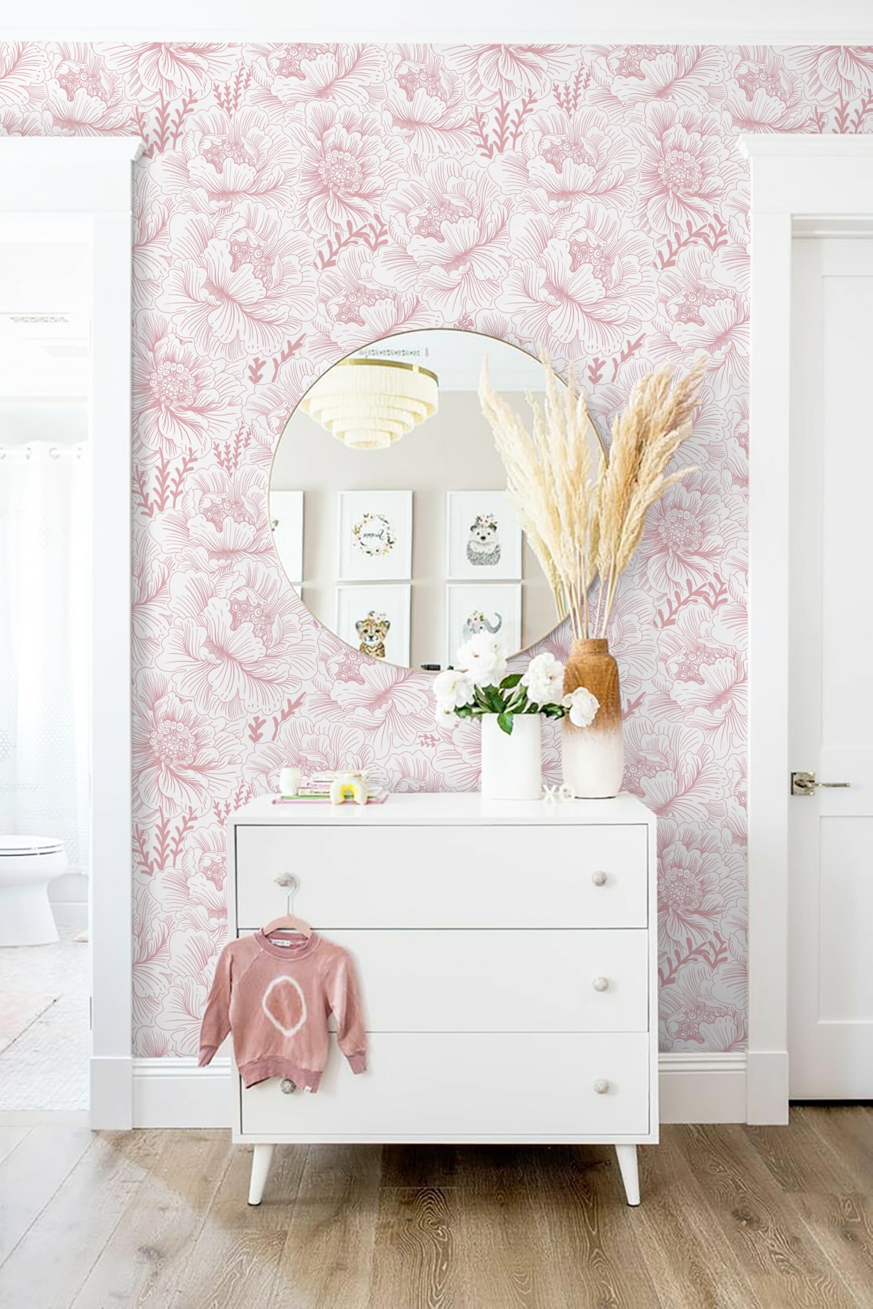 Floral Peel and Stick Wallpaper Boho Contact Paper Pink and White Self Adhesive Removable Wallpaper