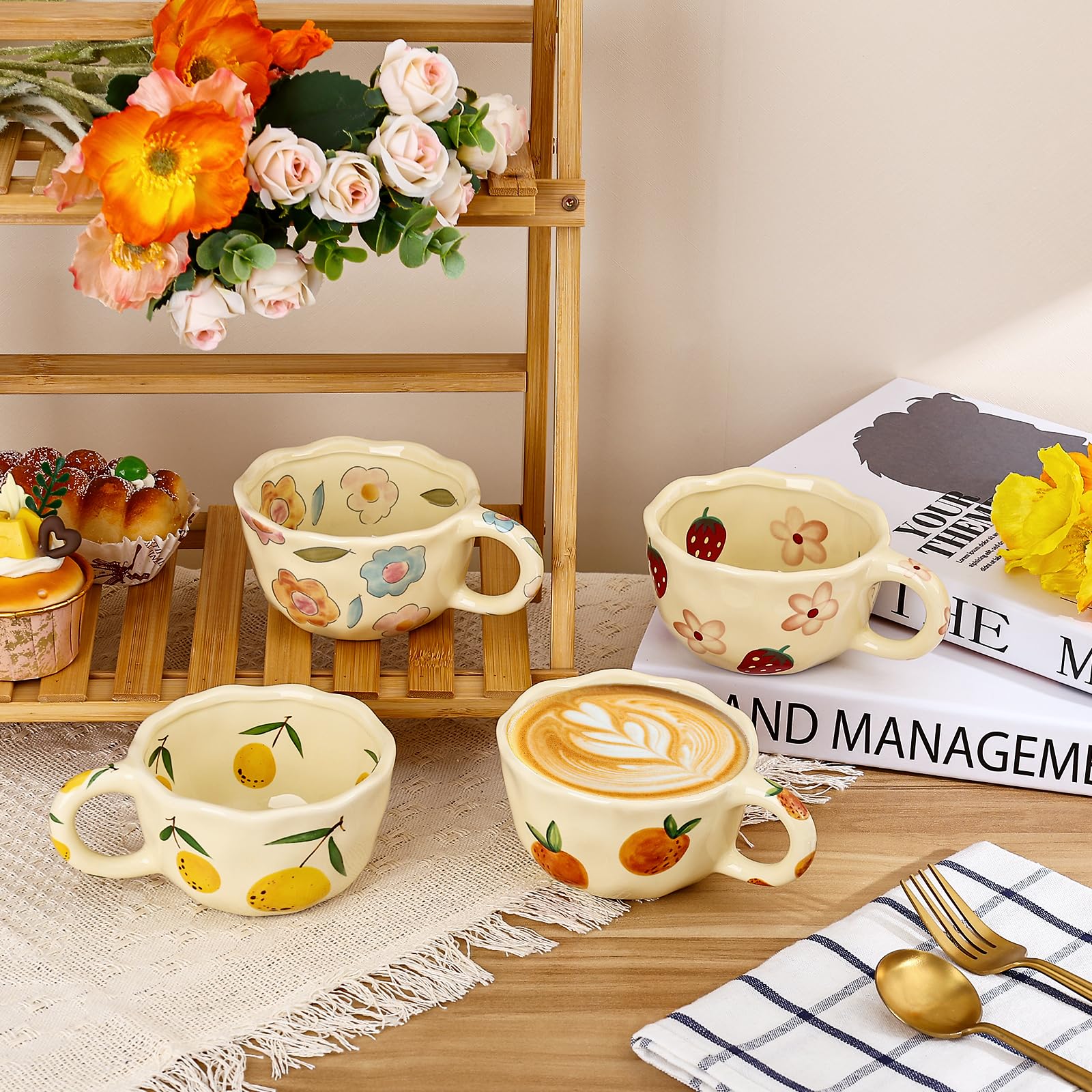 Ceramic Coffee Mug, Cute Floral Fruit Cup, Couple Mugs 8.5 oz/250 ml