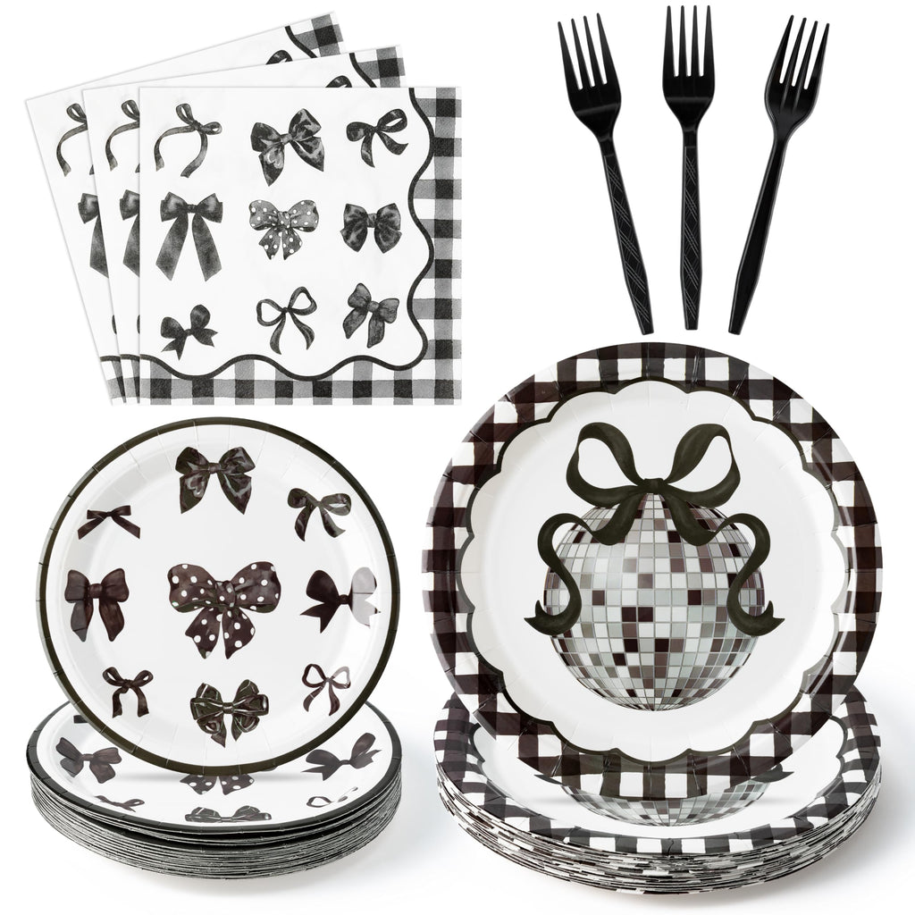 Coquette Cute Bow Party Tableware Decorations - Disposable Paper Plates Napkins Forks