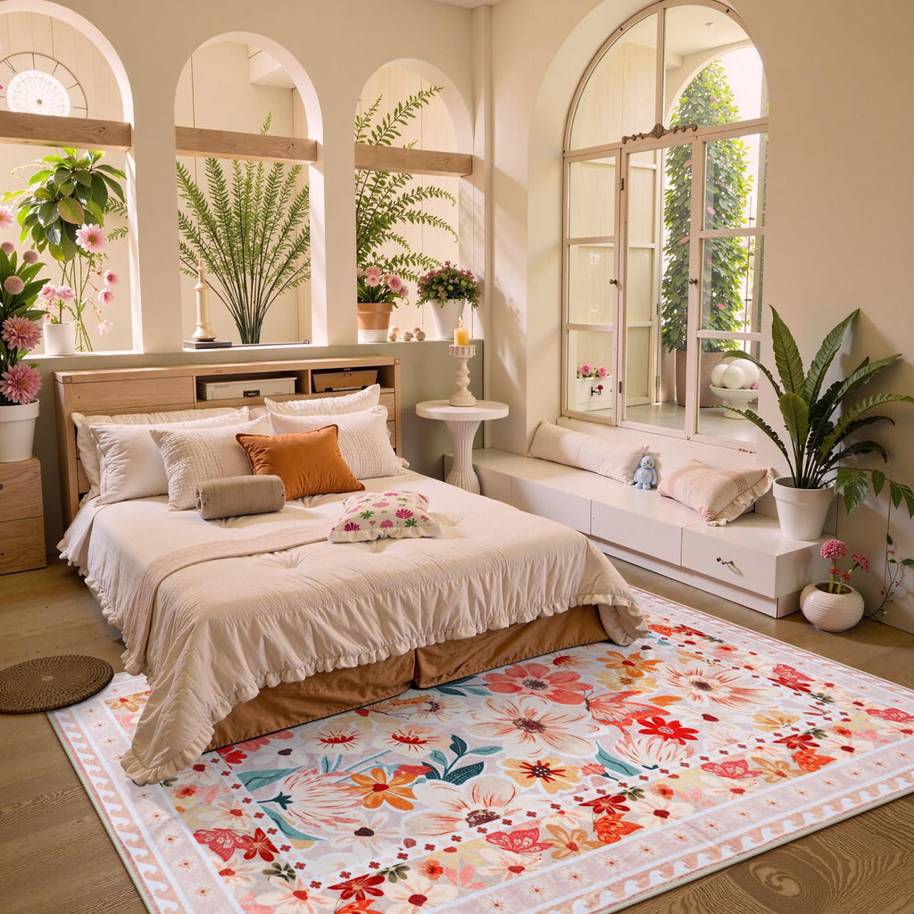 Floral Hallway Runner Rug, Runner Rugs Non Skid Washable, Low Pile Soft Boho Rugs