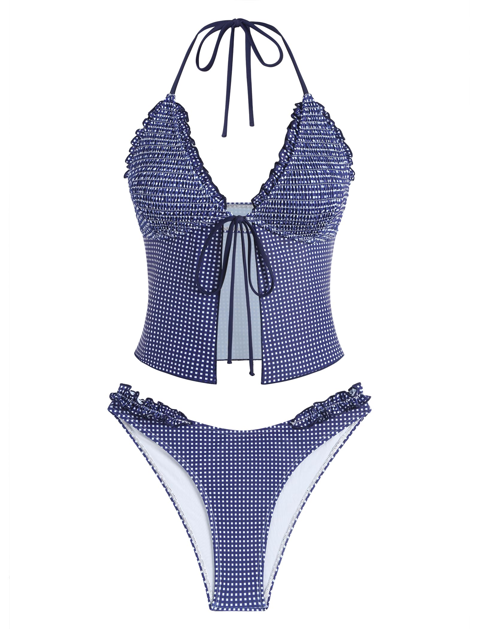 Tankini Swimsuits for Women Smocked Ruffles Tie Front Bowknot Textured High Cut Tanga Tankini Set