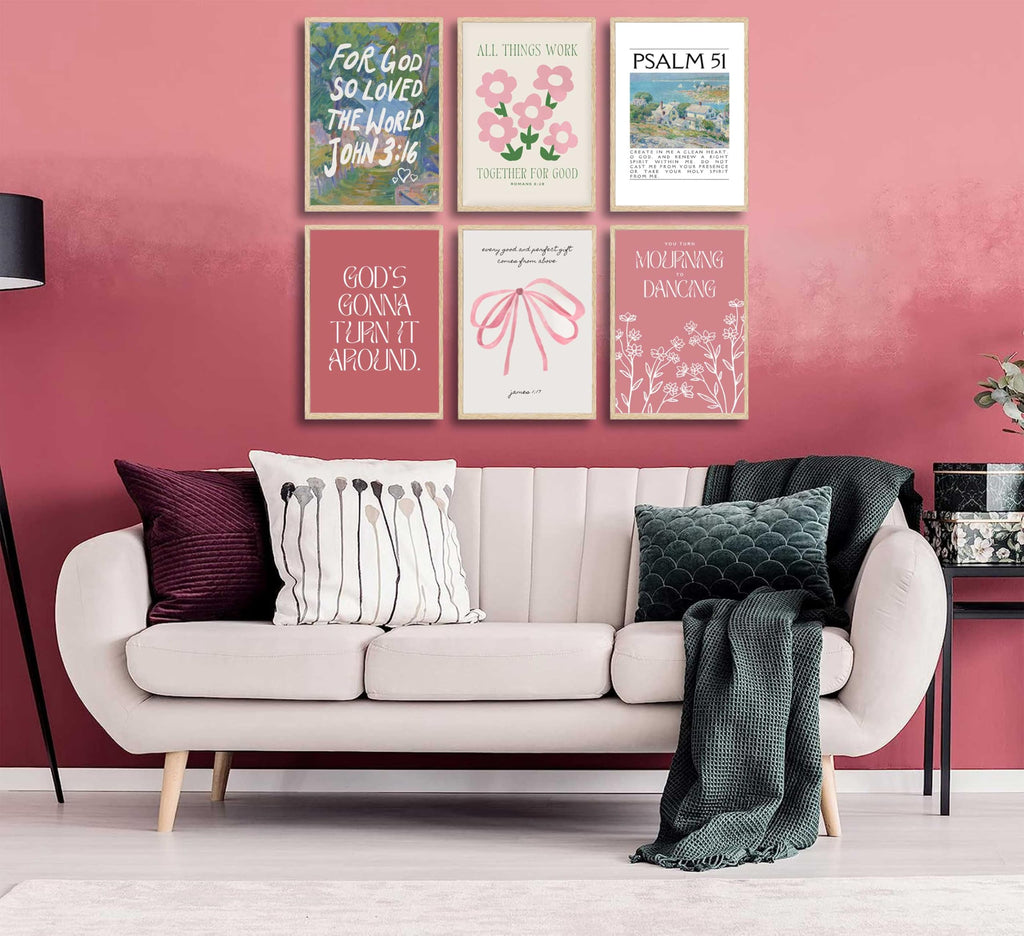 Wall Art Pink Bow Verse Canvas Paintings Decor 6Pcs