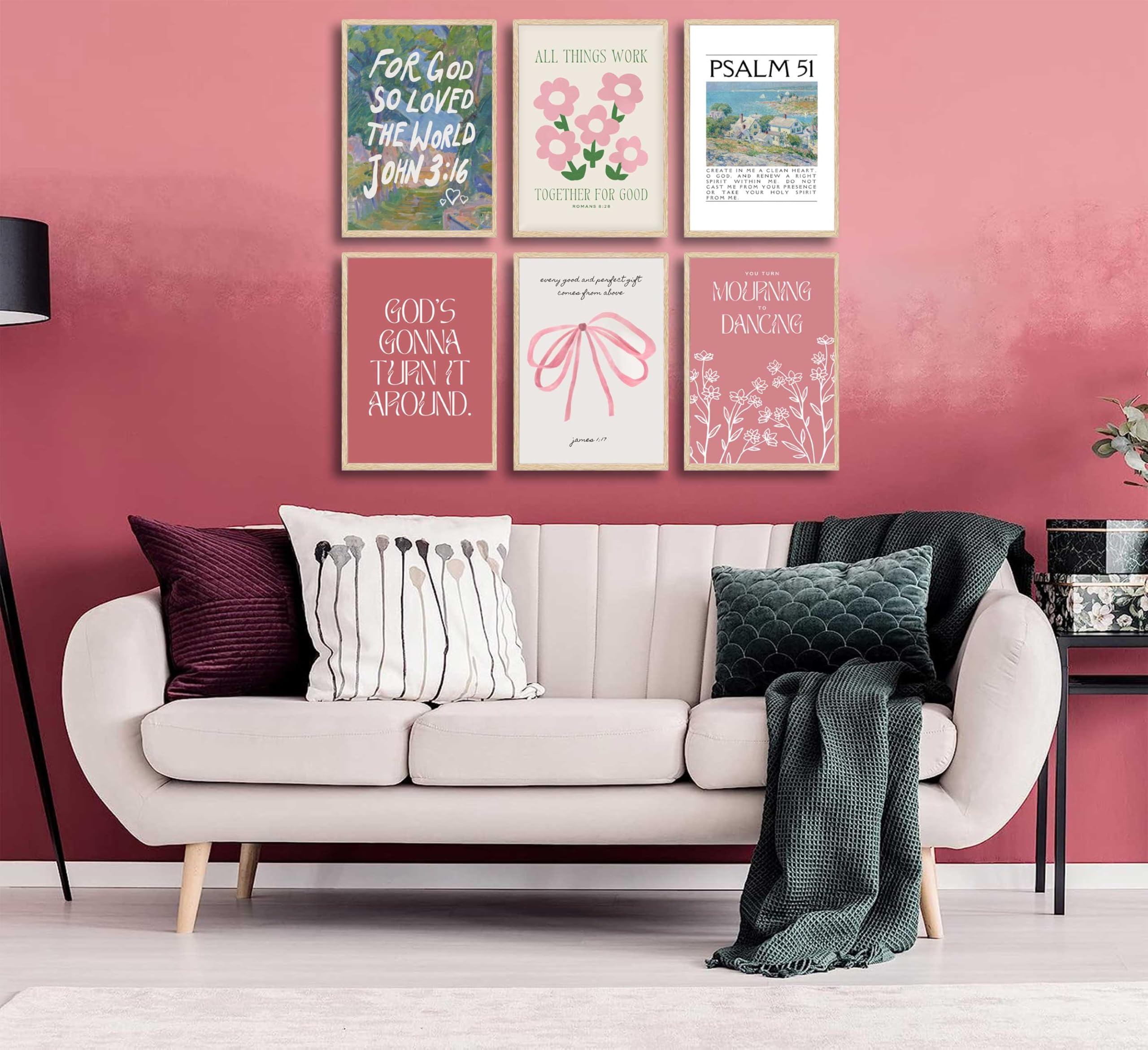 Wall Art Pink Bow Verse Canvas Paintings Decor 6Pcs