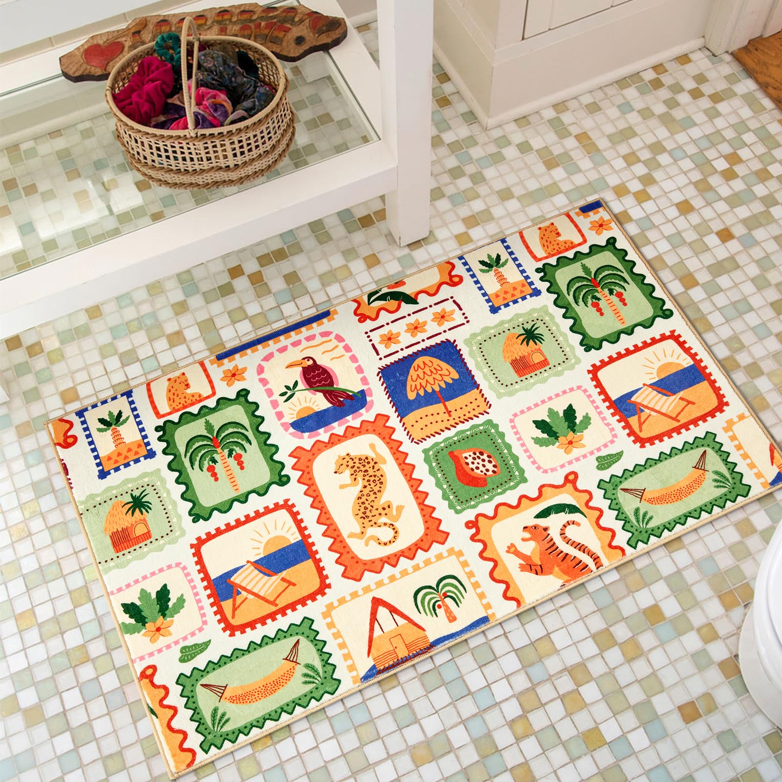 Summer Tropical Area Rug in Green and Orange Washable, Checkered Abstract Jungle Animals Cute Fun Aesthetic Throw Rug Accent Carpet for Bedroom Entryway Living Room Dorm Nursery