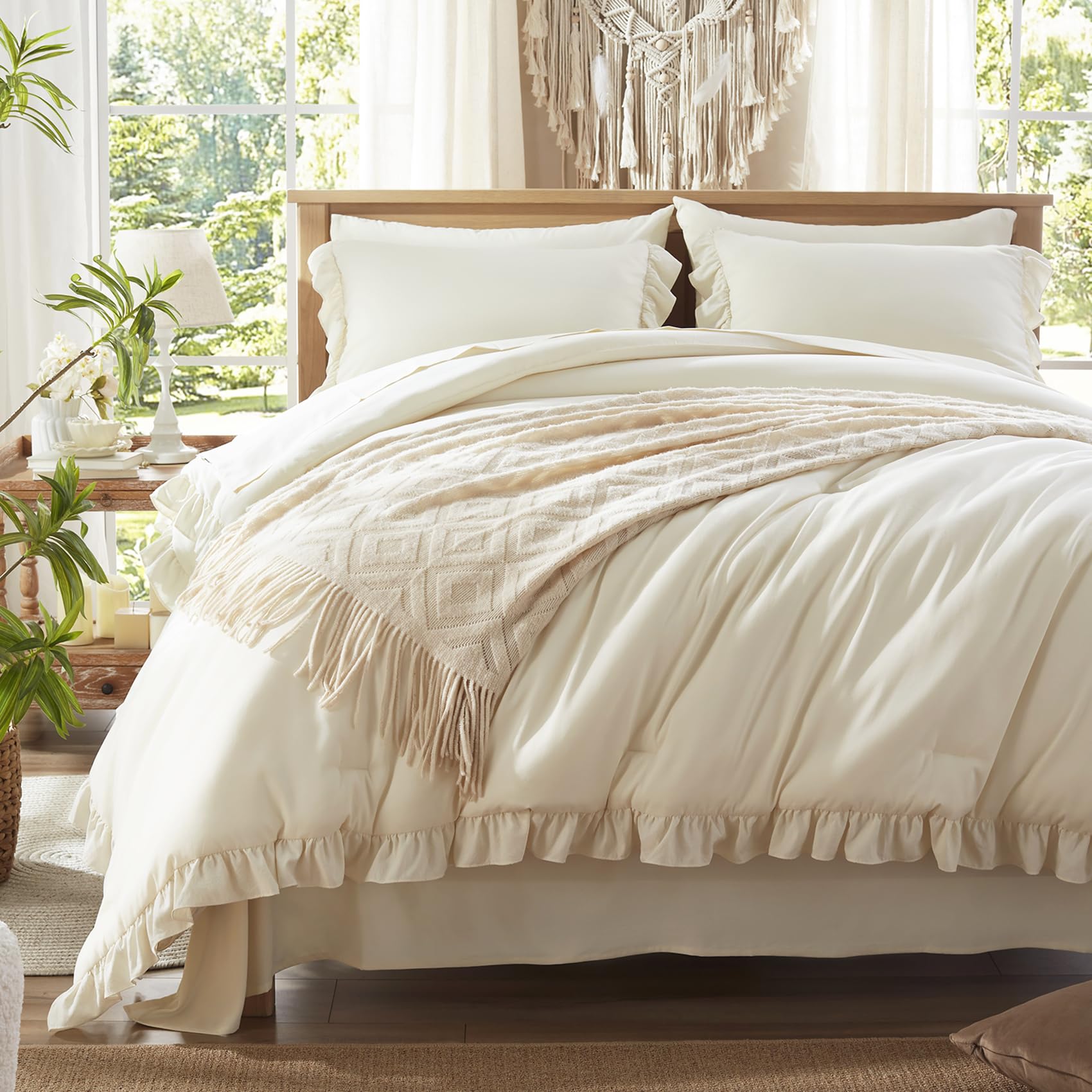 Comforter Set 7 Piece, Bed in a Bag with Sheets, All Season Ruffle Shabby Chic Bedding Sets with 1 Comforter, 2 Pillow Shams, 2 Pillowcases, 1 Flat Sheet, 1 Fitted Sheet