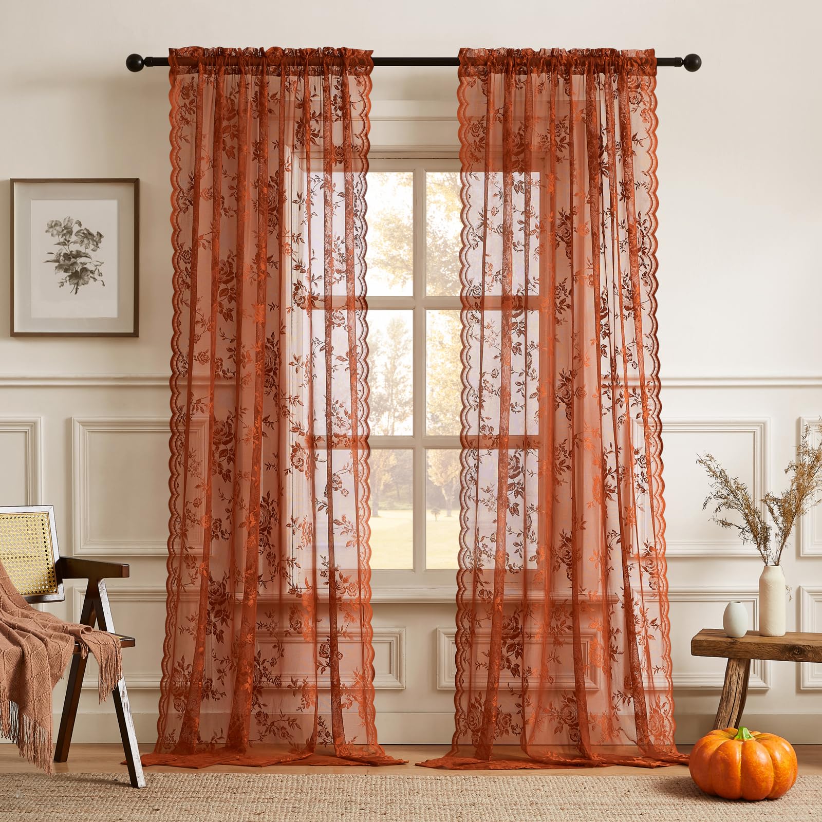 Lace Curtains 2 Panels Set Victorian Floral Sheer Curtains for Living Room Bedroom Girls Room Rod Pocket Light Filtering Romantic French Drapes Window Decor
