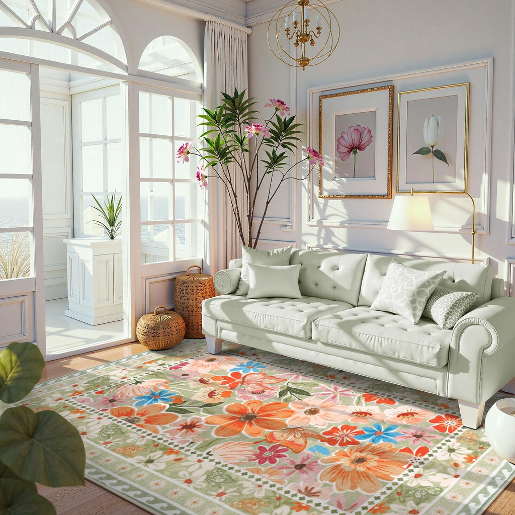 Floral Hallway Runner Rug, Runner Rugs Non Skid Washable, Low Pile Soft Boho Rugs