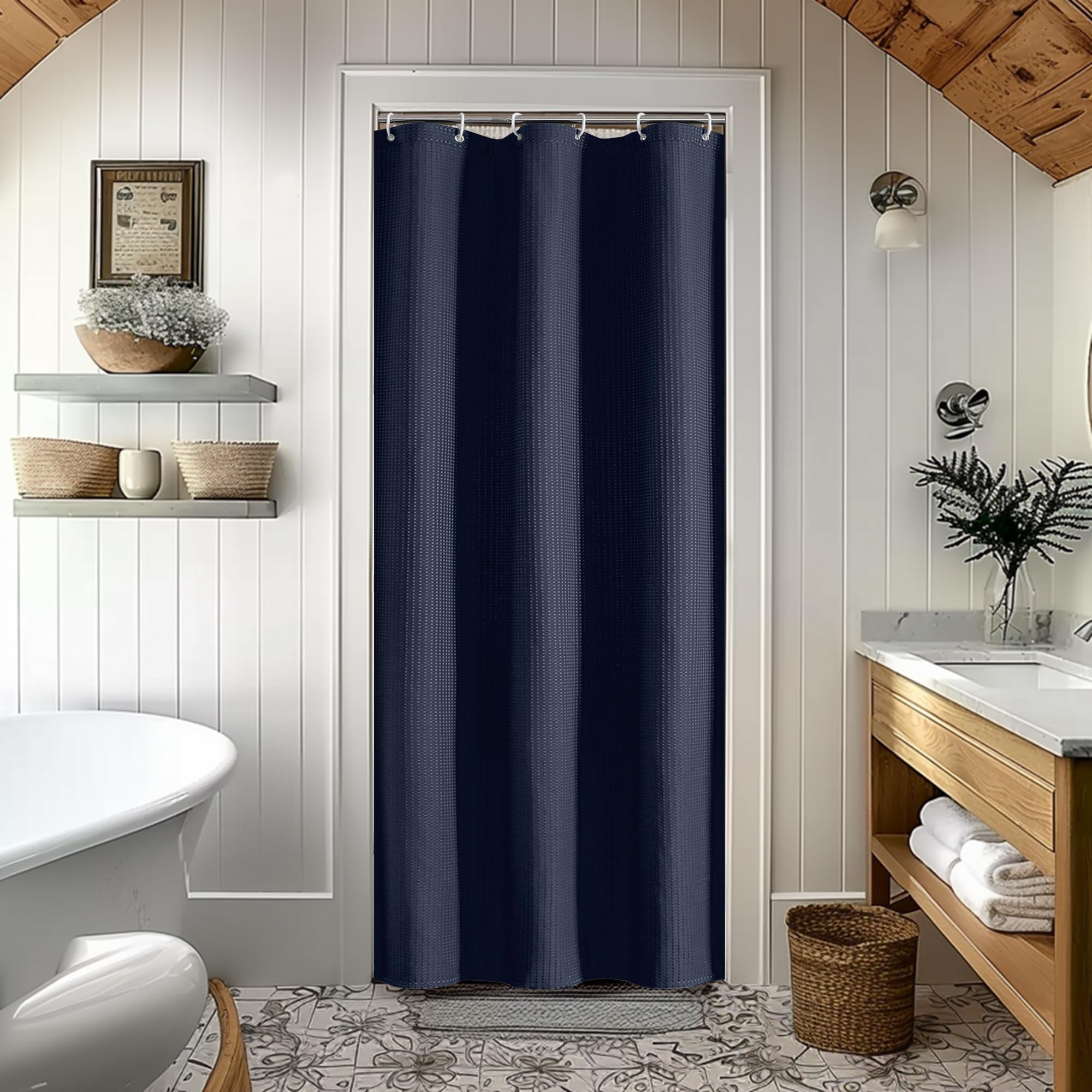 Waffle Textured Heavy Duty Fabric Shower Curtain for Bathroom, Luxury Hotel Weighted 230GSM Bath Curtain with 12 Plastic Hooks, Machine Washable, 72x72