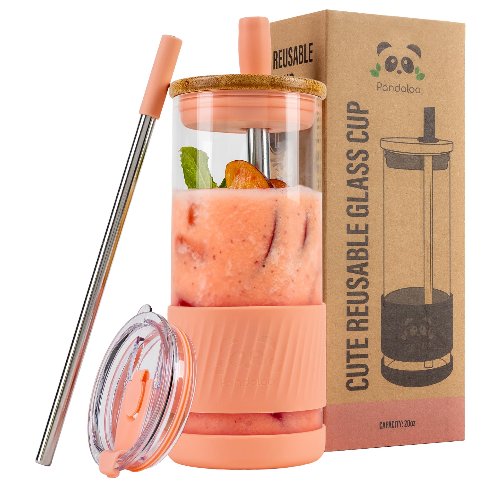 Pandaloo® Glass Cups With Lids and Straws -20 Fl Oz- Perfect Size Iced Coffee Cup - Smoothie Cup With Bamboo Lid and On the go Lid - Glass Tumbler With Straw