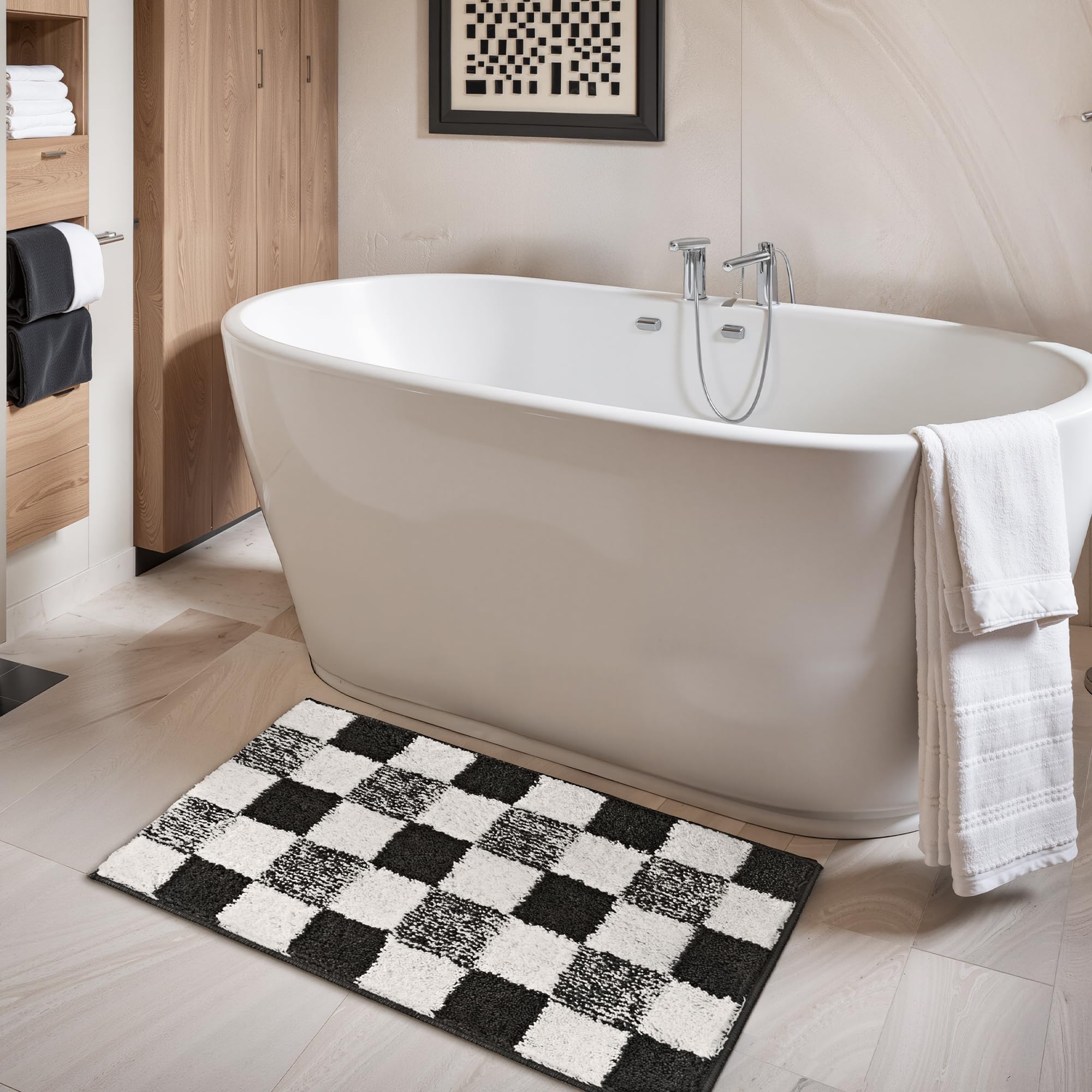 Checkered Bathroom Rugs, Fluffy Rug, Absorbent Microfiber Ultra Soft Bath Mat Washable, Non-Slip Bath Mats for Bathroom, Cute Floor Mat