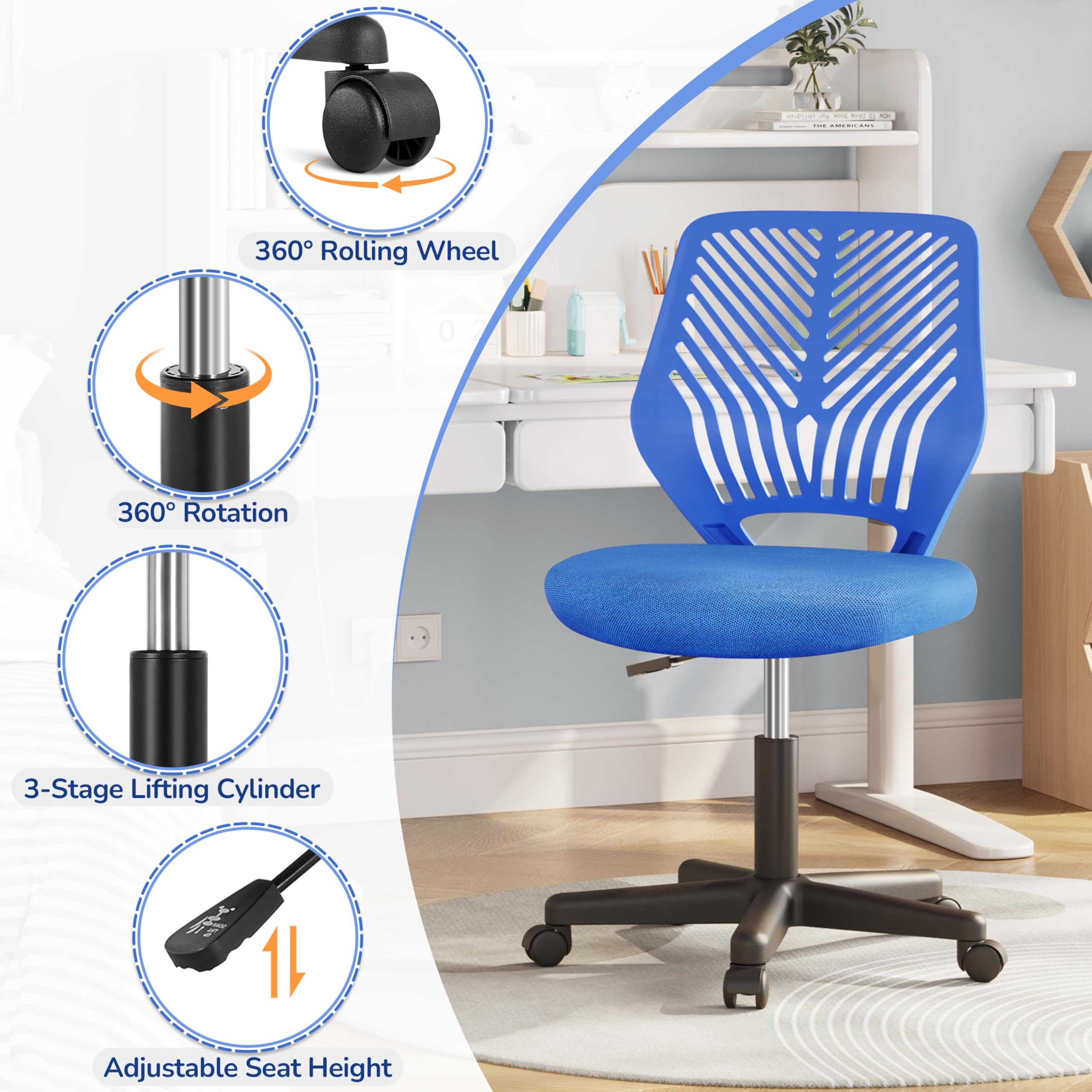Cute Low-Back Armless Study w/Lumbar Support Adjustable Swivel Chair