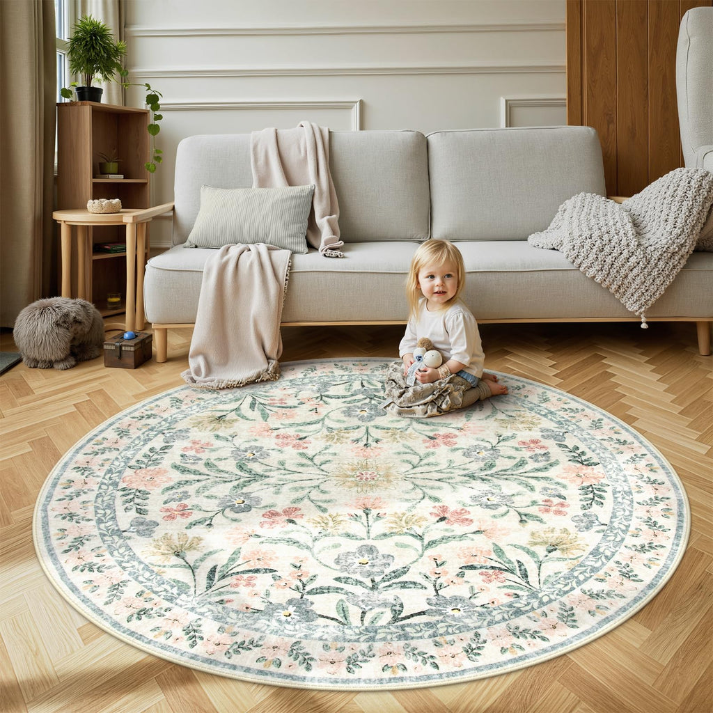 Machine Washable Boho Soft Floral Carpet Non Slip, Indoor Ultra-Thin Floor Carpet for Kid Room Living Room Dorm