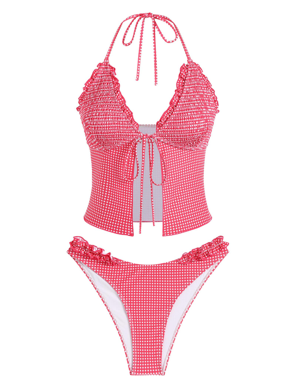 Tankini Swimsuits for Women Smocked Ruffles Tie Front Bowknot Textured High Cut Tanga Tankini Set