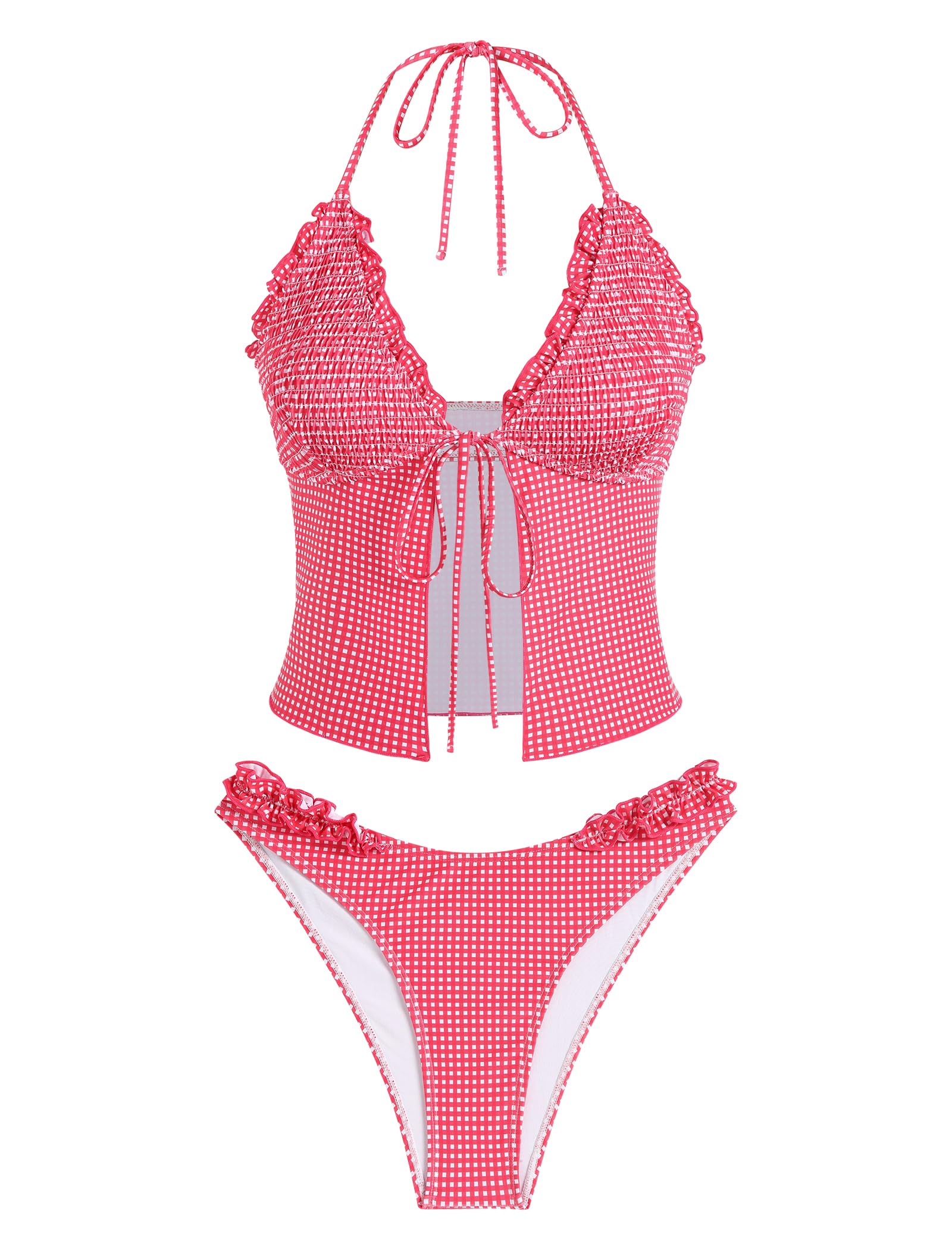 Tankini Swimsuits for Women Smocked Ruffles Tie Front Bowknot Textured High Cut Tanga Tankini Set