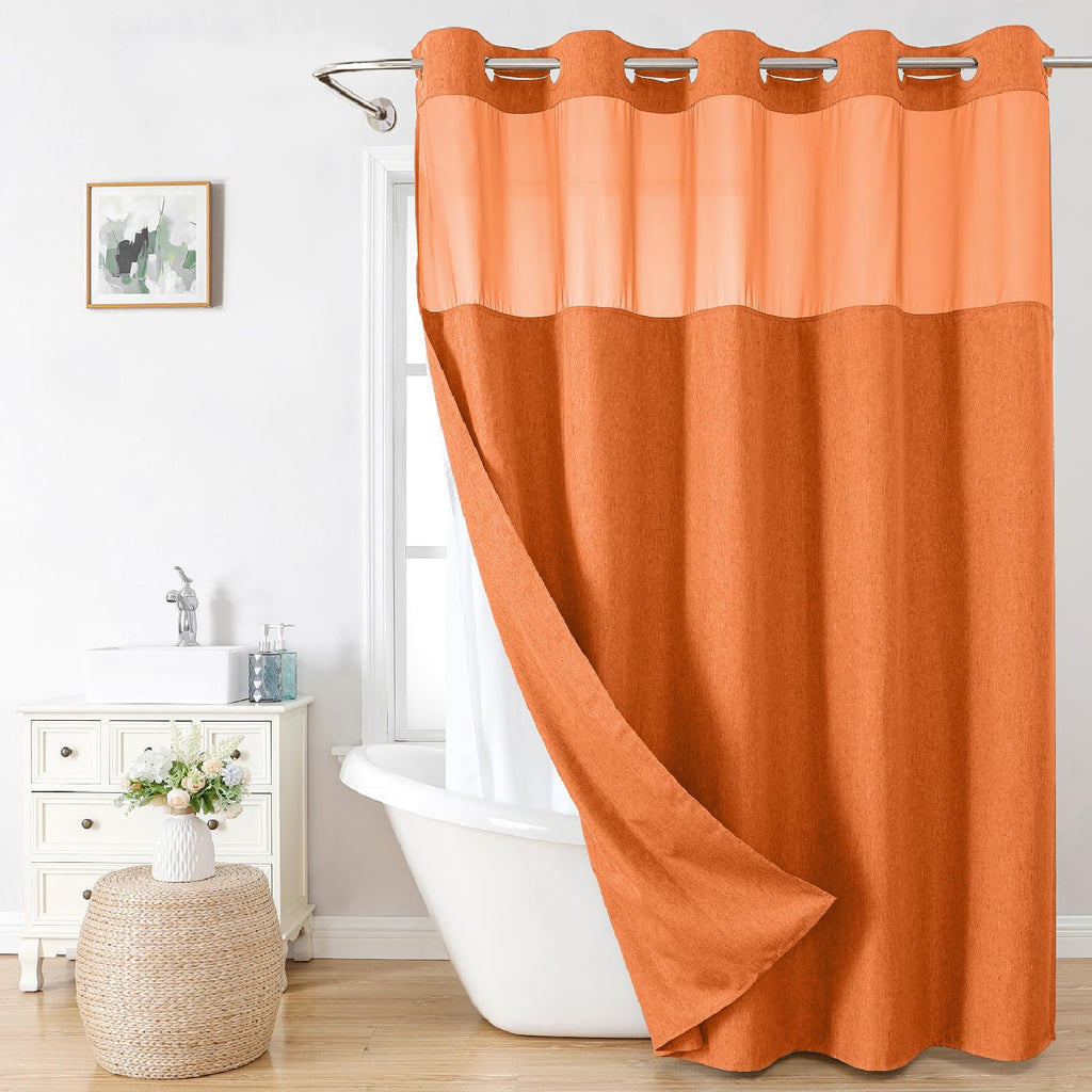 No Hooks Needed Linen Textured Shower Curtain with Snap-in Fabric Liner Set, Luxury Decor Shower Curtains for Bathroom with Mesh Top Window, Waterproof & Washable