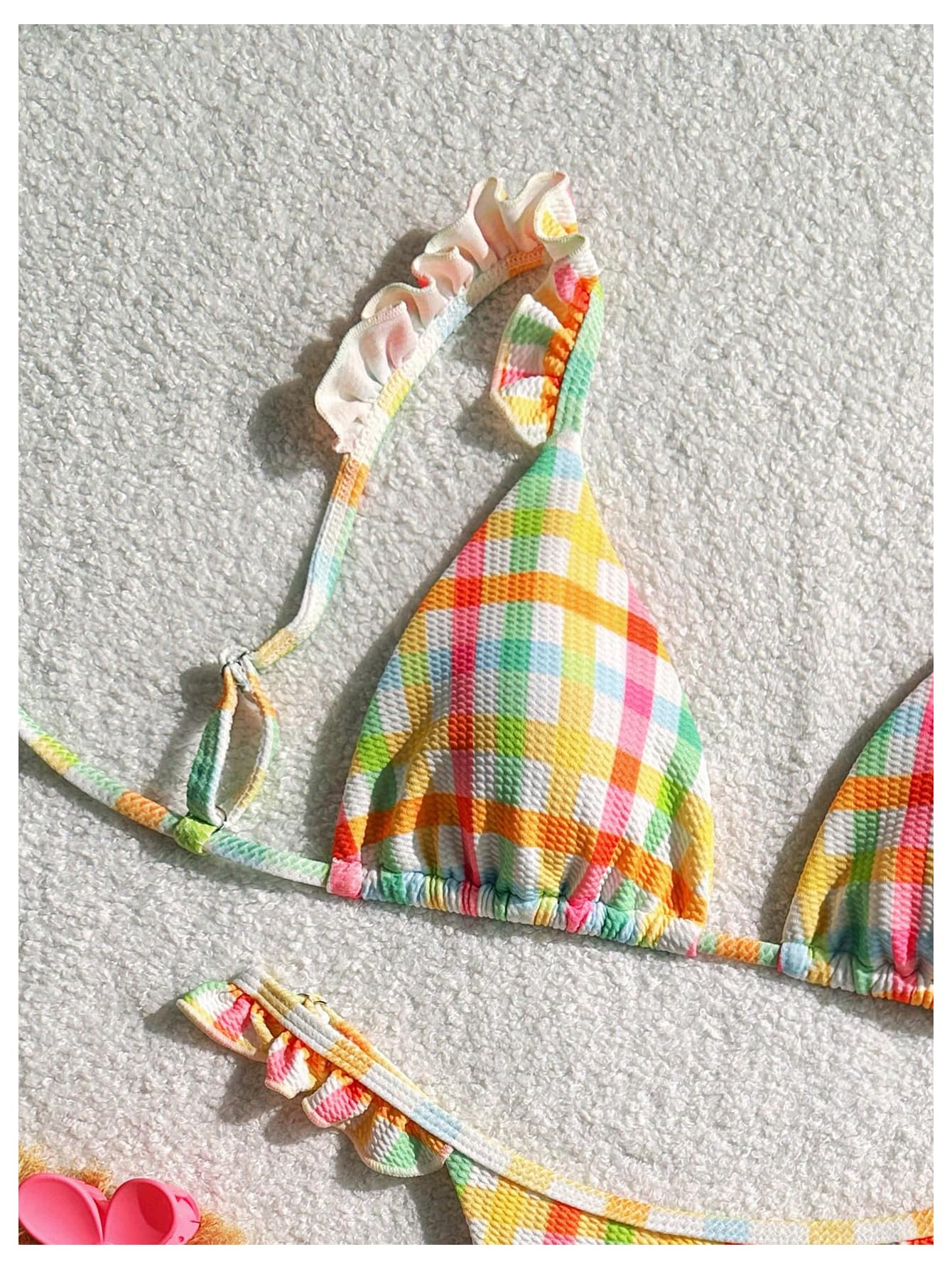 Women's Gingham Thong Bikini Sets Ruffle String Coquette Swimsuits Tie Back Boho Bathing Suit