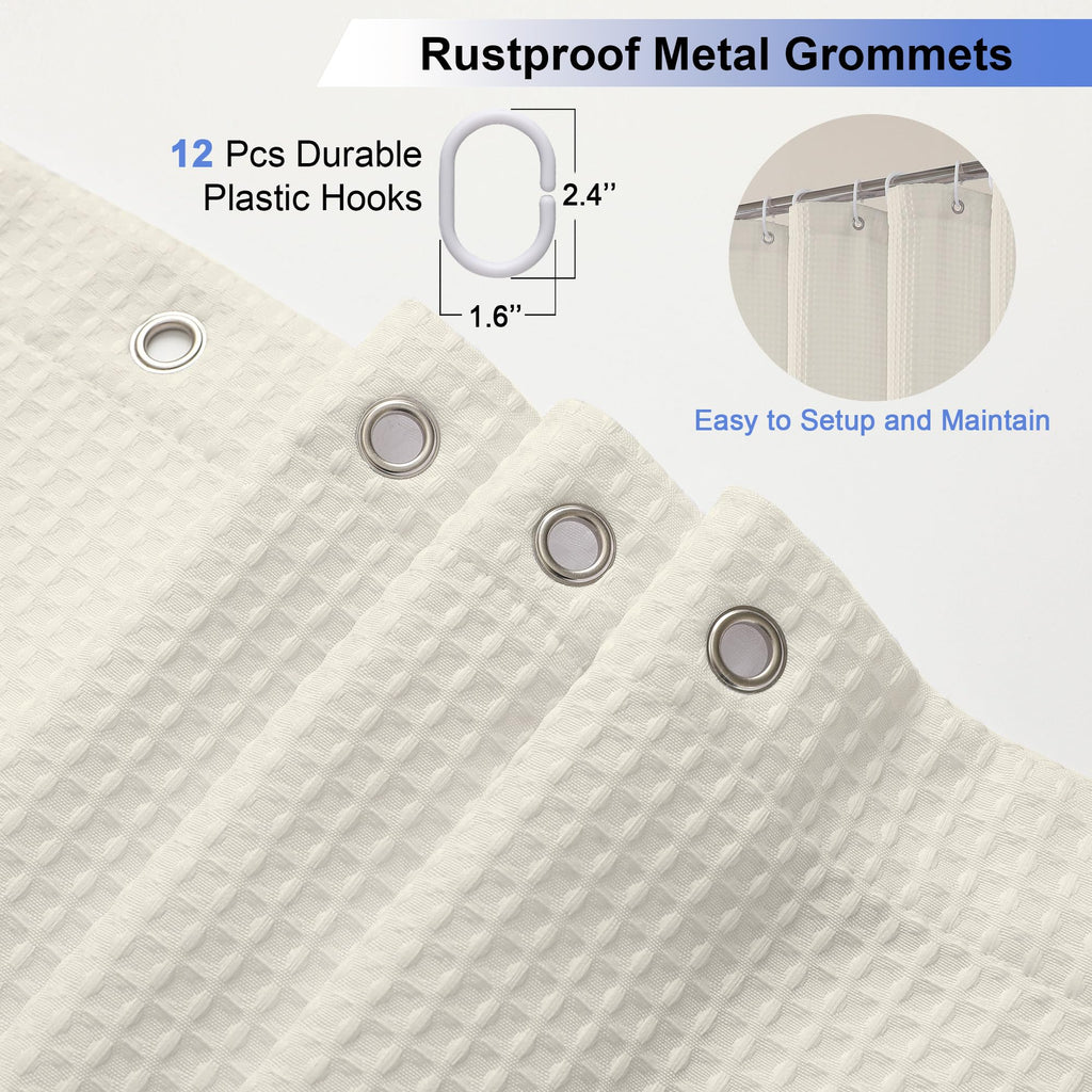 Waffle Textured Heavy Duty Fabric Shower Curtain for Bathroom, Luxury Hotel Weighted 230GSM Bath Curtain with 12 Plastic Hooks, Machine Washable, 72x72