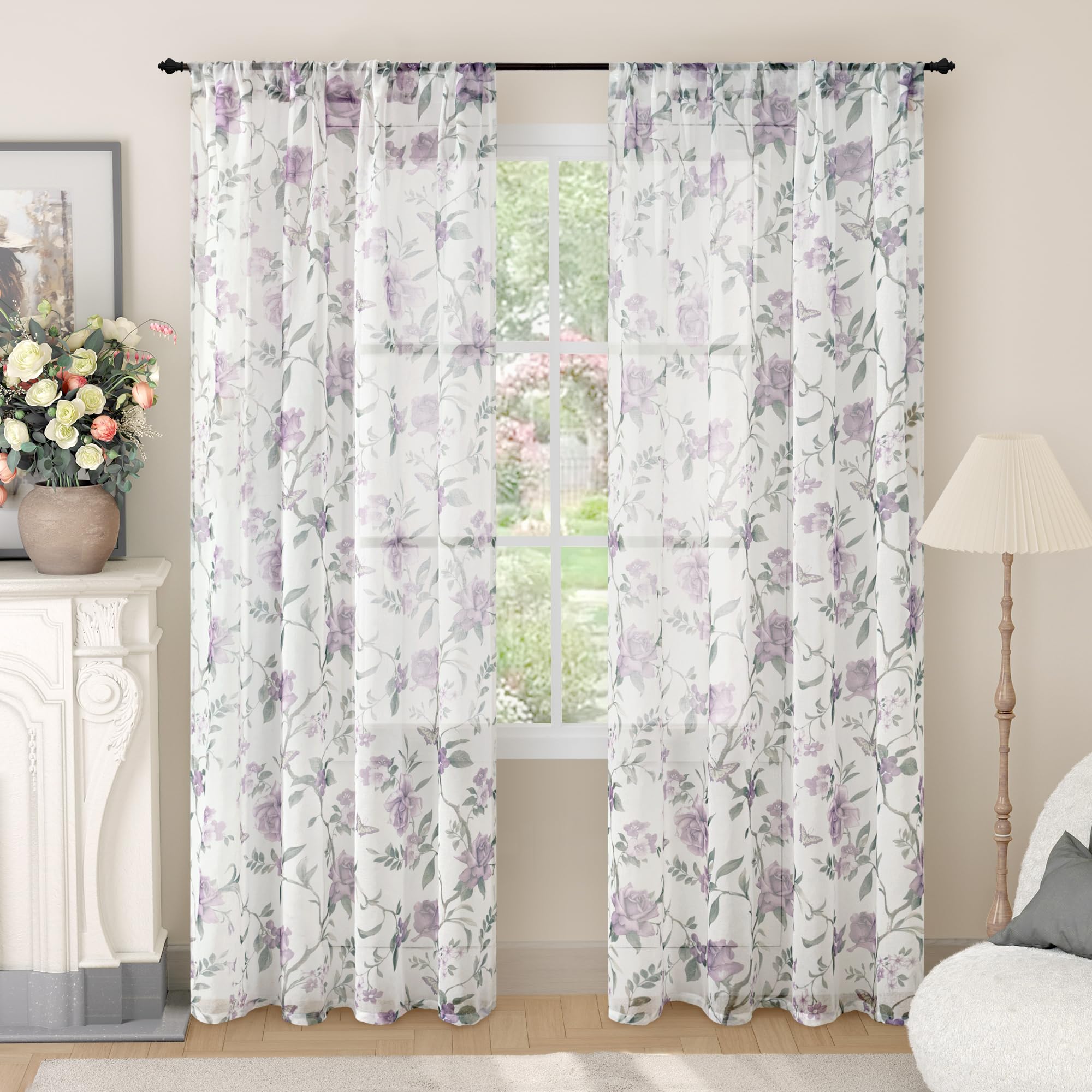 Floral Sheer Curtains, Vintage Light Filtering Semi-Sheer Linen Curtains