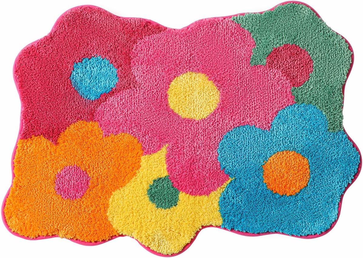 Flower Bath Mat, Cute Funny Colorful Bathroom Rugs Microfiber Absorbent Non Slip Bath Rug Machine Washable, 21.6IN x 29.53IN