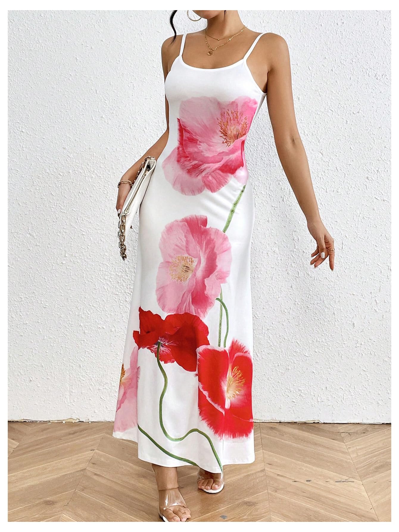 Women's Floral Print Backless Maxi Dress Scoop Neck Sleeveless Spaghetti Strap Dresses