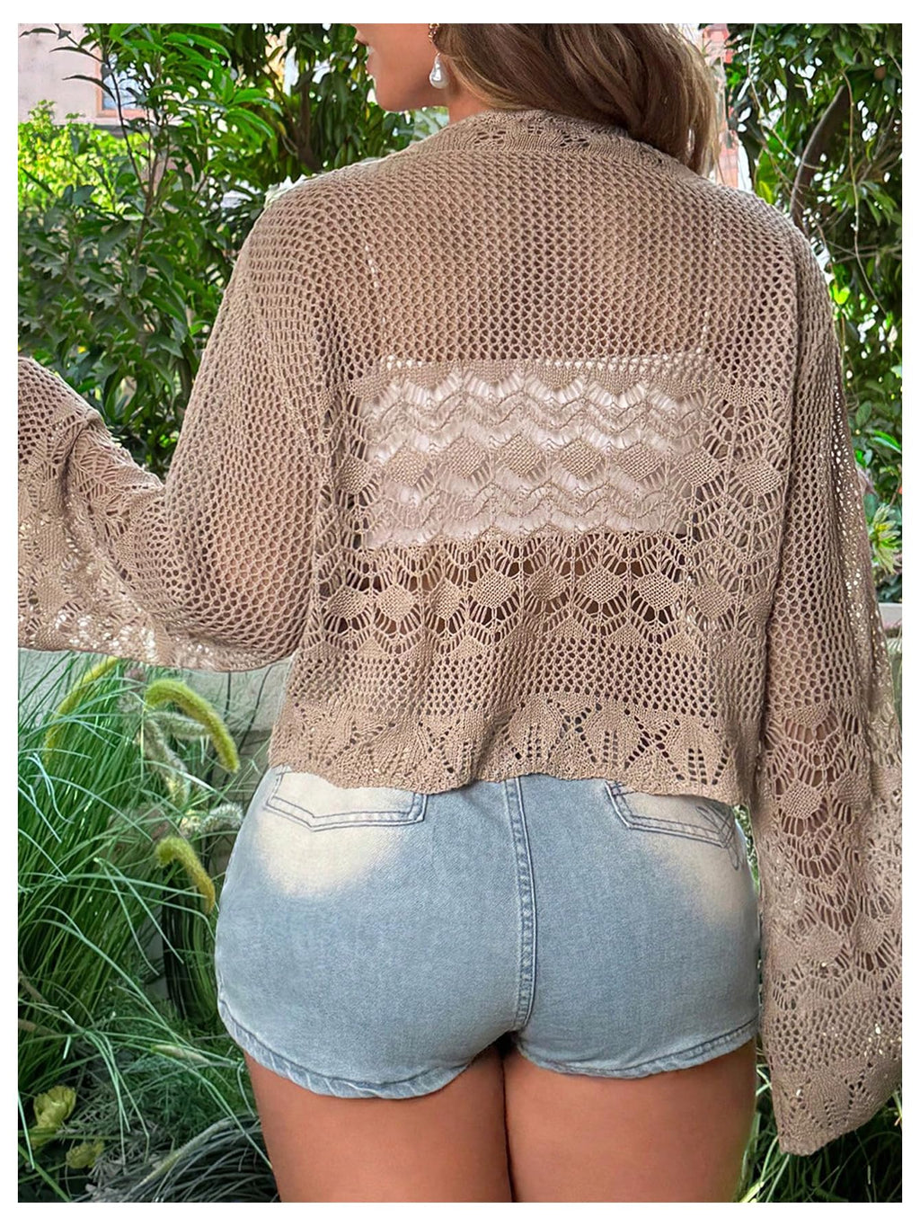 Women's Plus Size V Neck Long Flounce Sleeve Tie Front Knit Crop Cardigan