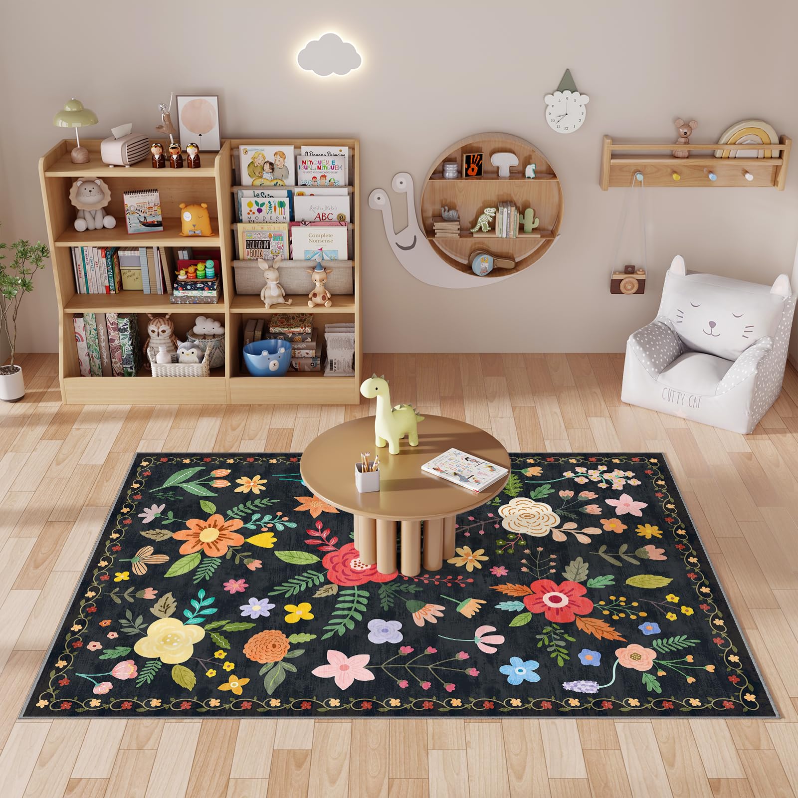 Washable Floral Rugs with Non Slip Backing, Stain Resistant, Floral Soft Low-Pile