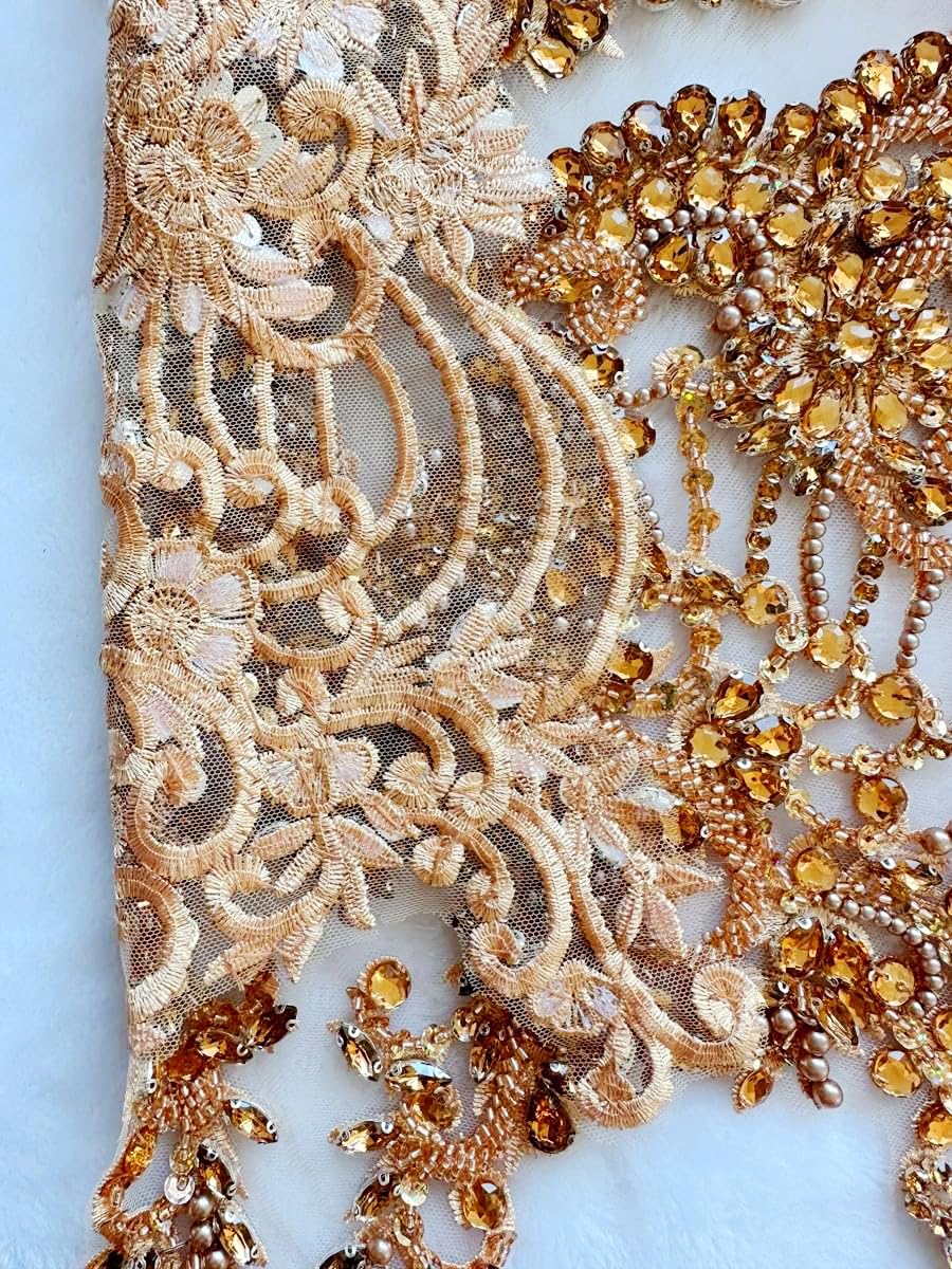 Handmade red/Blue/Gold/Green Rhinestones lace Bodice Applique Sewing Beads Crystal Trim Patches Accessory for Dress Clothes (Rose red)