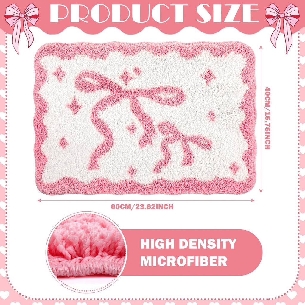 Scalloped Bow Bathroom Mat Pink Coquette Bath Mat Non Slip Absorbent Bow Bath Rugs Microfiber Washable Preppy Rugs Aesthetic Room Decor for Shower Bathtub Sink Bedroom Front Door
