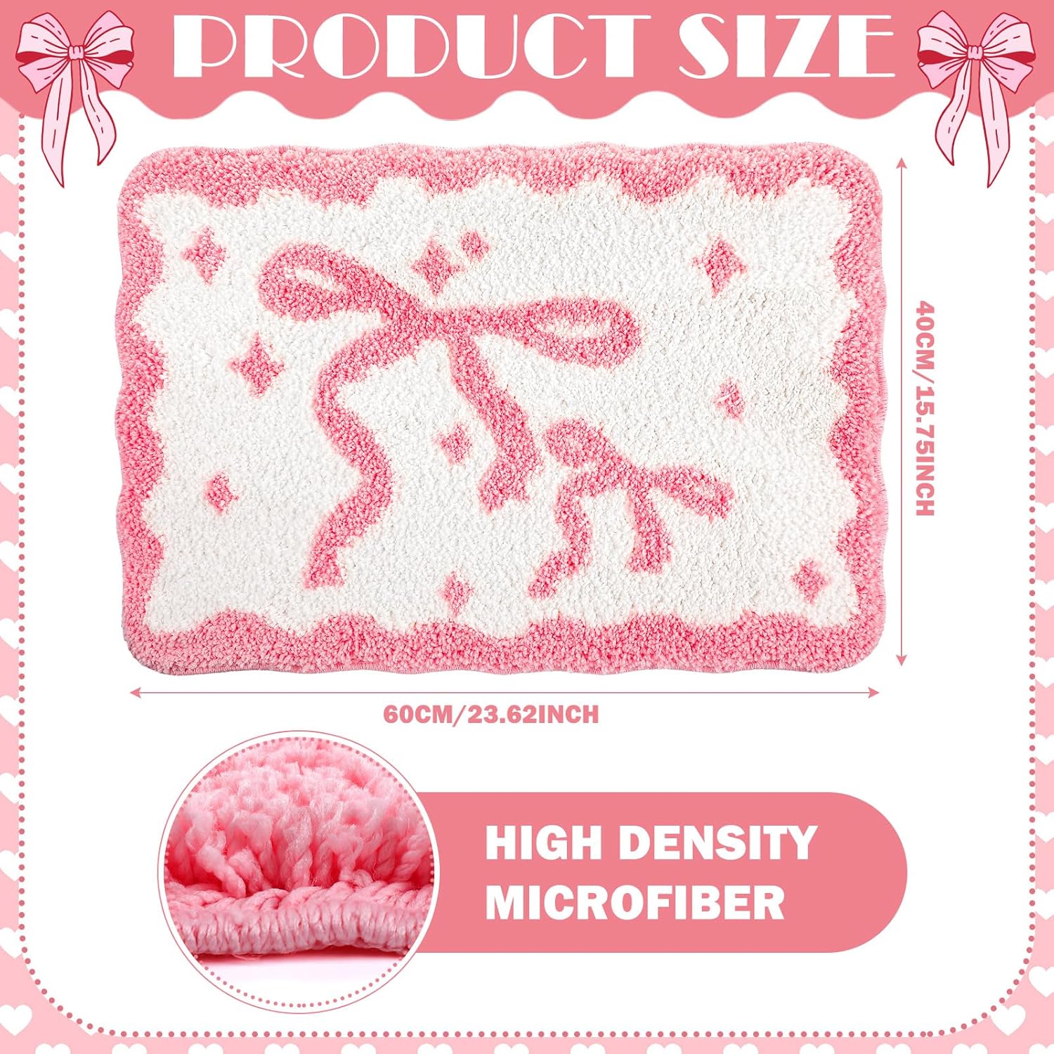 Scalloped Bow Bathroom Mat Pink Coquette Bath Mat Non Slip Absorbent Bow Bath Rugs Microfiber Washable Preppy Rugs Aesthetic Room Decor for Shower Bathtub Sink Bedroom Front Door