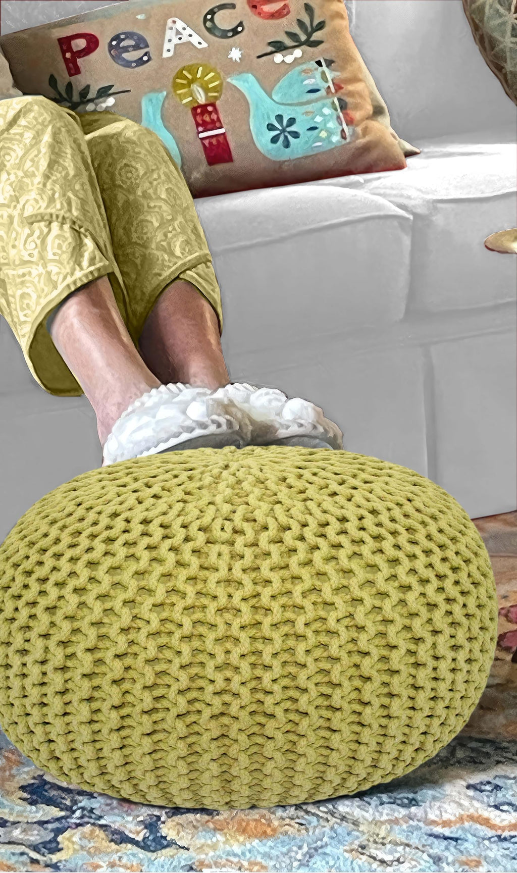 Hand-Knitted Cotton Round Pouf â€?Braid Cord Ottoman, Footrest, and Accent Seat for Living Room, Nursery, Kids Room, or Dorm Décor â€?20x14