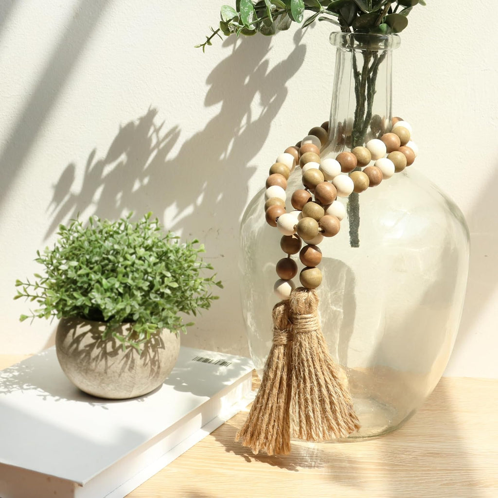Wood Bead Garland,39in Farmhouse Beads with Tassels Boho Beads for Tiered Tray Decorative Beads Home Decor