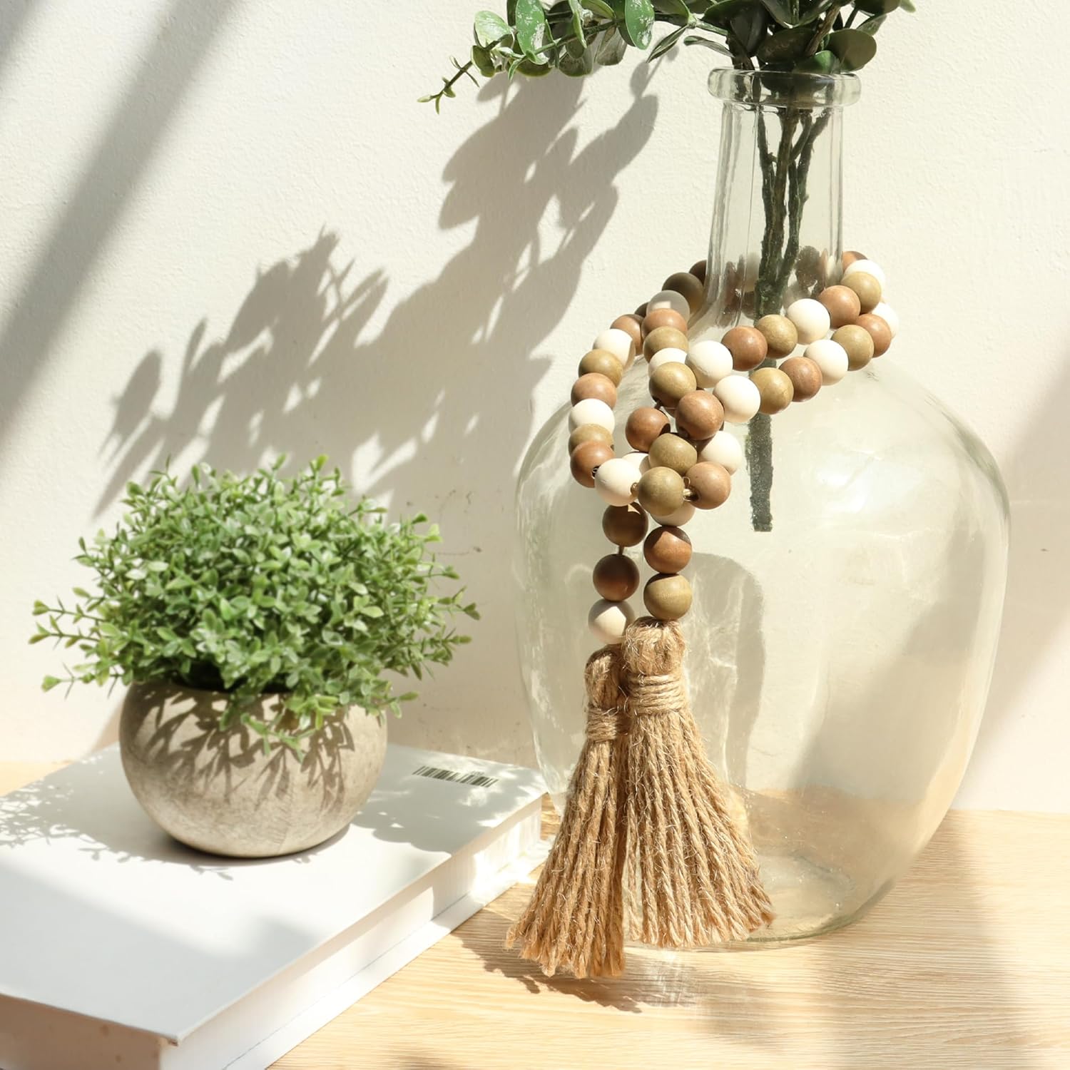 Wood Bead Garland,39in Farmhouse Beads with Tassels Boho Beads for Tiered Tray Decorative Beads Home Decor