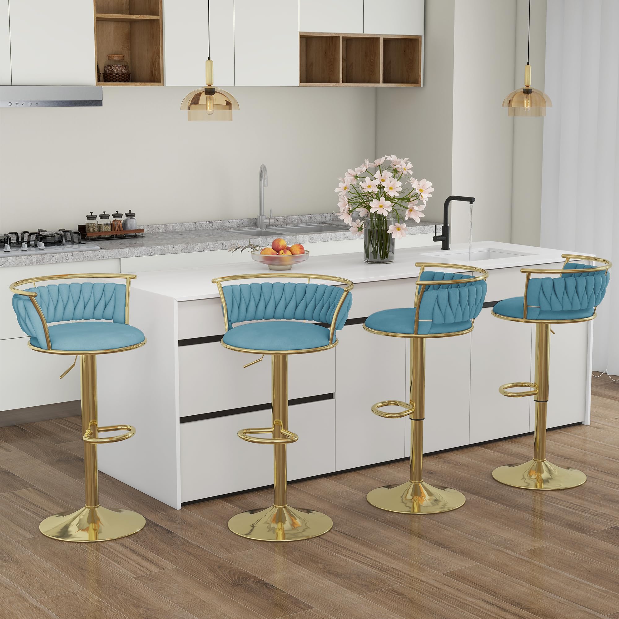 Velvet Swivel Bar Stools, Adjustable Counter Height Bar Chairs with Low Back & Footrest, Modern Gold Bar Stools for Kitchen Island, Bar Pub