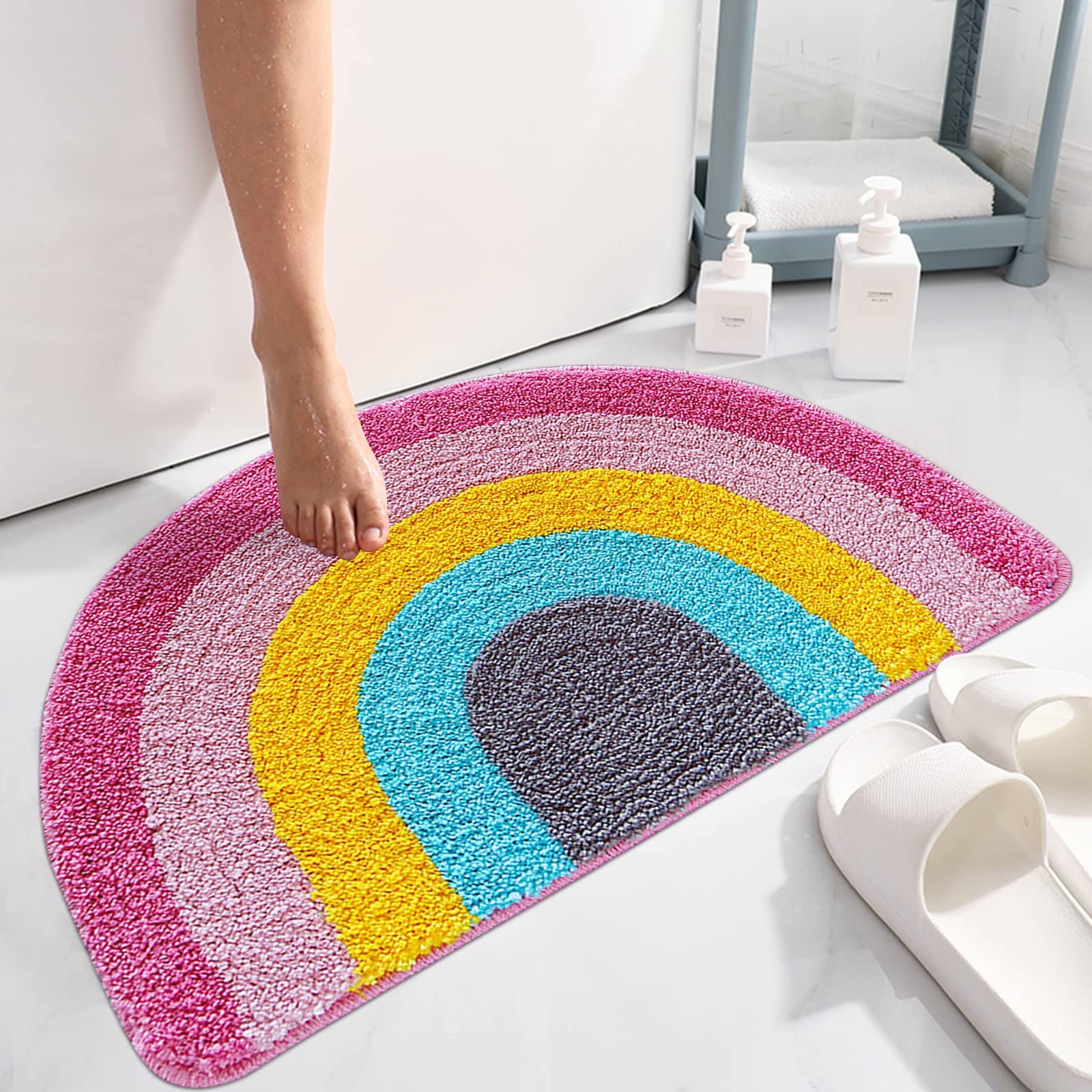Rainbow Bathroom Rug Half Circle Bath Area Rug Doormat Rainbow Bath Mat Small Kids Room Throw Rug Water Absorbent Quick Dry 17.7"x27.6"