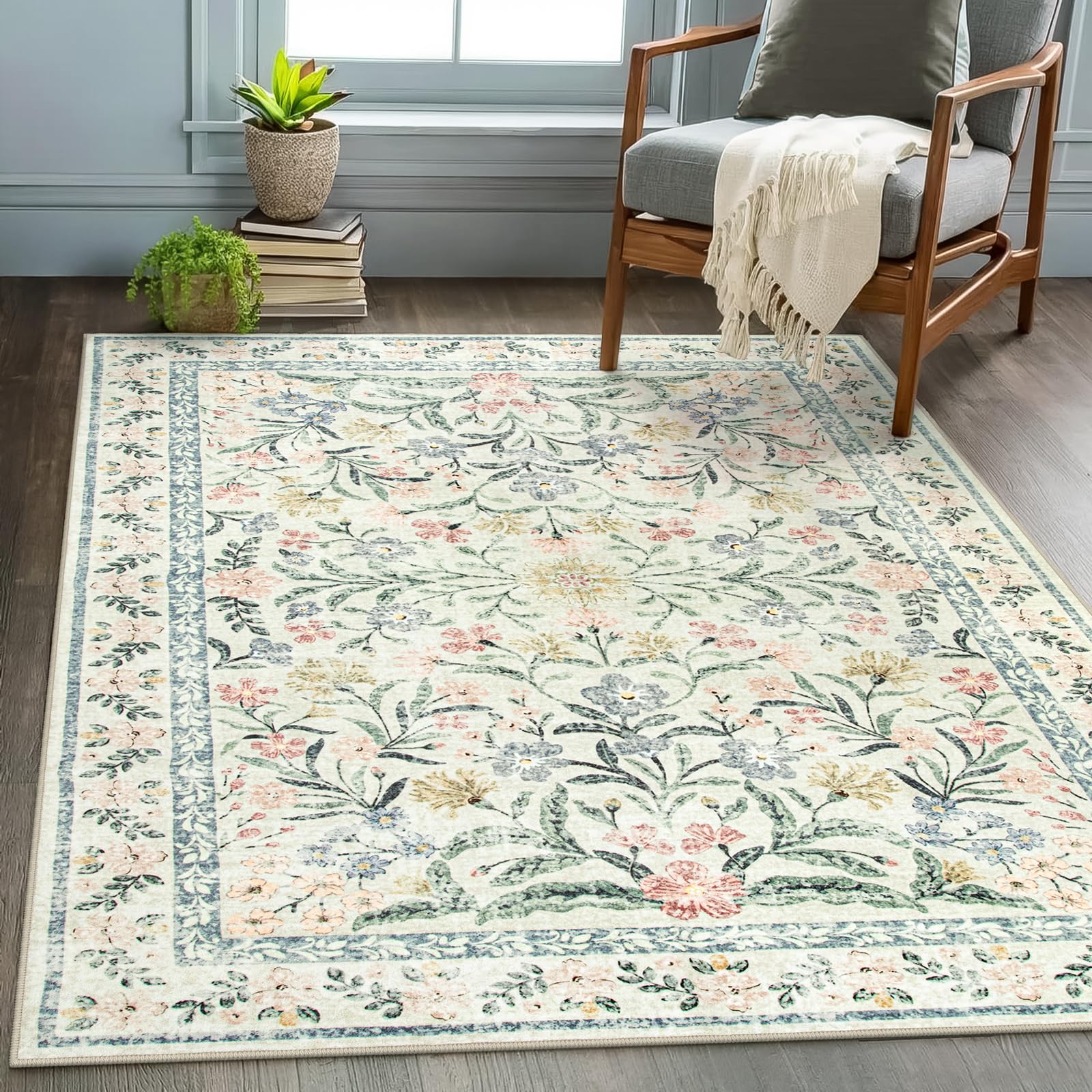 Machine Washable Boho Soft Floral Carpet Non Slip, Indoor Ultra-Thin Floor Carpet for Kid Room Living Room Dorm