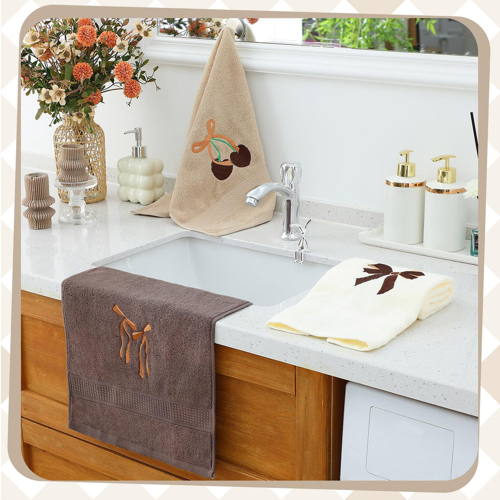 Coquette Bow Embroidered Decorative Towel 100% Cotton Soft Absorbent Kitchen Facecloth Preppy Bathroom Decor 3 Pcs, 13.7 x 29.5''