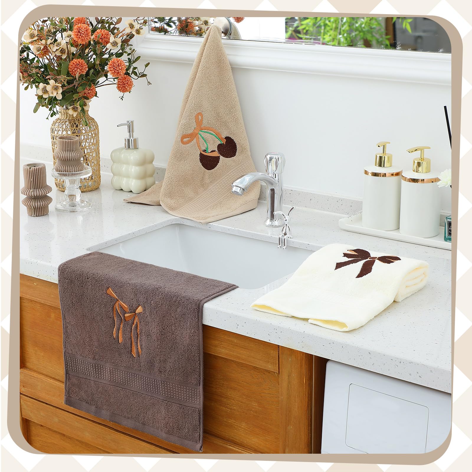 Coquette Bow Embroidered Decorative Towel 100% Cotton Soft Absorbent Kitchen Facecloth Preppy Bathroom Decor 3 Pcs, 13.7 x 29.5''