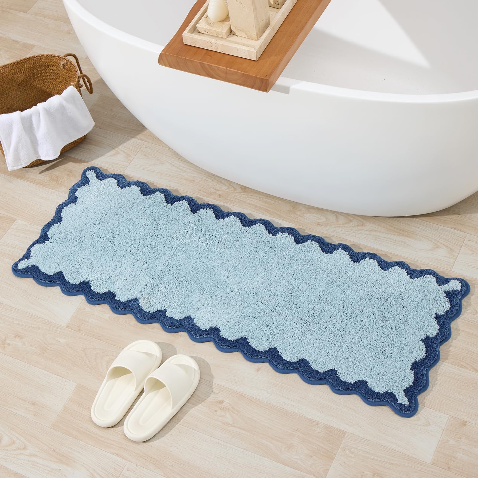 Cute Scalloped Bath Mat, Fun Plush Microfiber Scallop Bathroom Rugs Non Slip Washable Quick Dry Absorbent