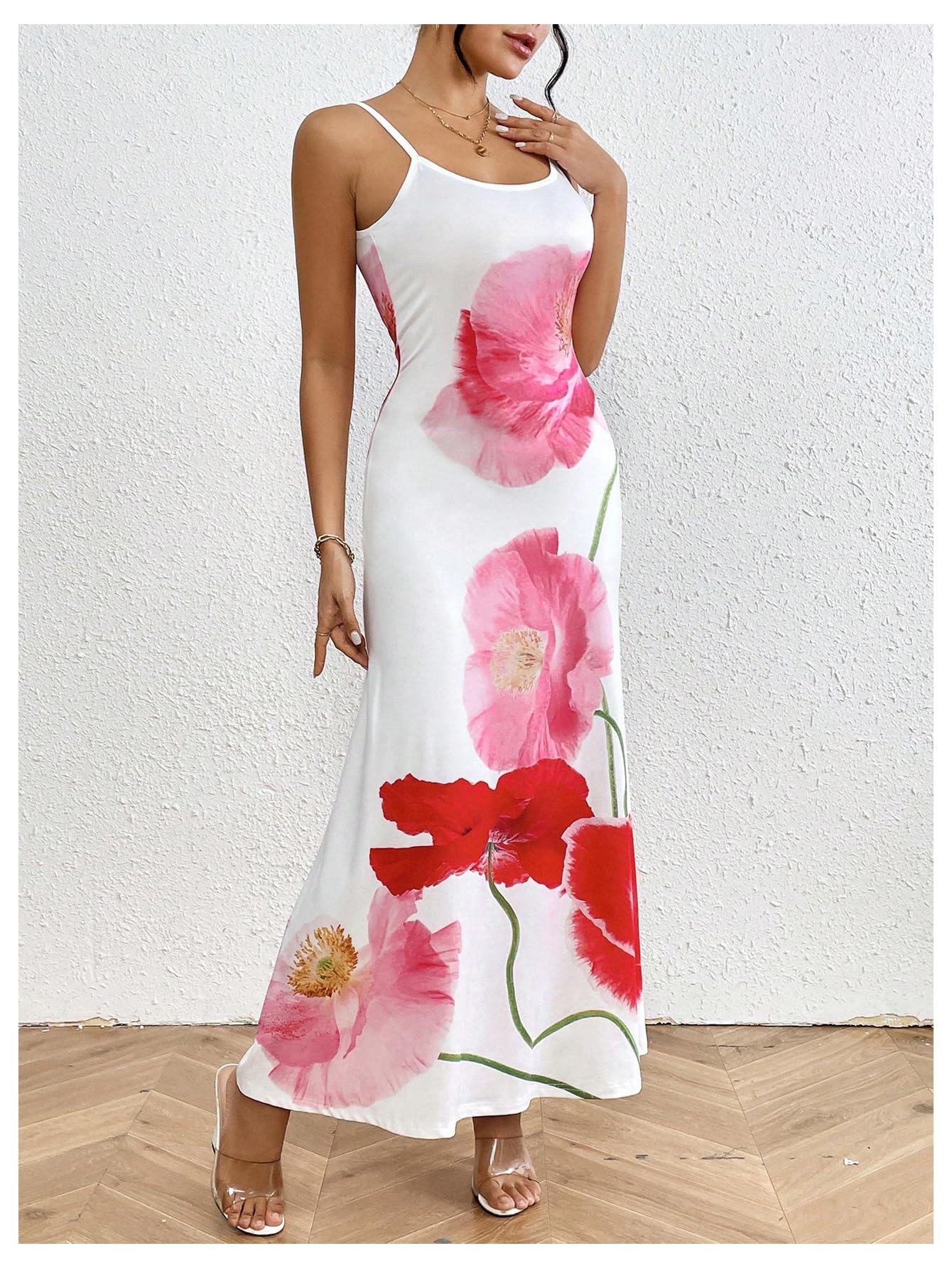 Women's Floral Print Backless Maxi Dress Scoop Neck Sleeveless Spaghetti Strap Dresses