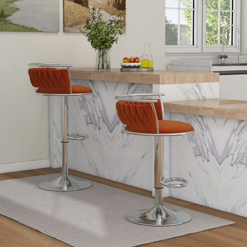 Velvet Swivel Bar Stools, Adjustable Counter Height Bar Chairs with Low Back & Footrest, Modern Gold Bar Stools for Kitchen Island, Bar Pub