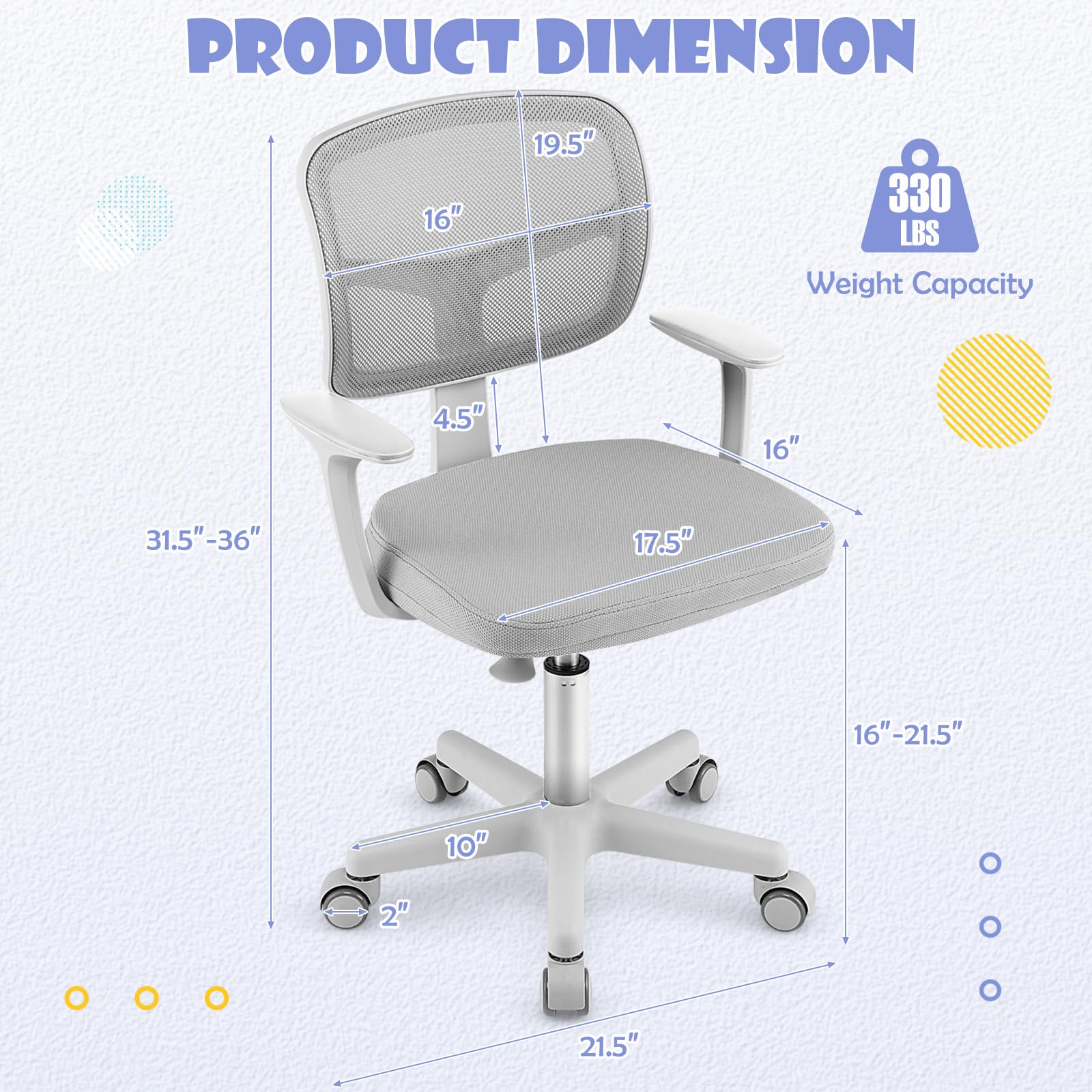 Swivel Adjustable Mesh Study Chair with Wheels & Arms, Ergonomic Computer Task Chair with Lumbar Support