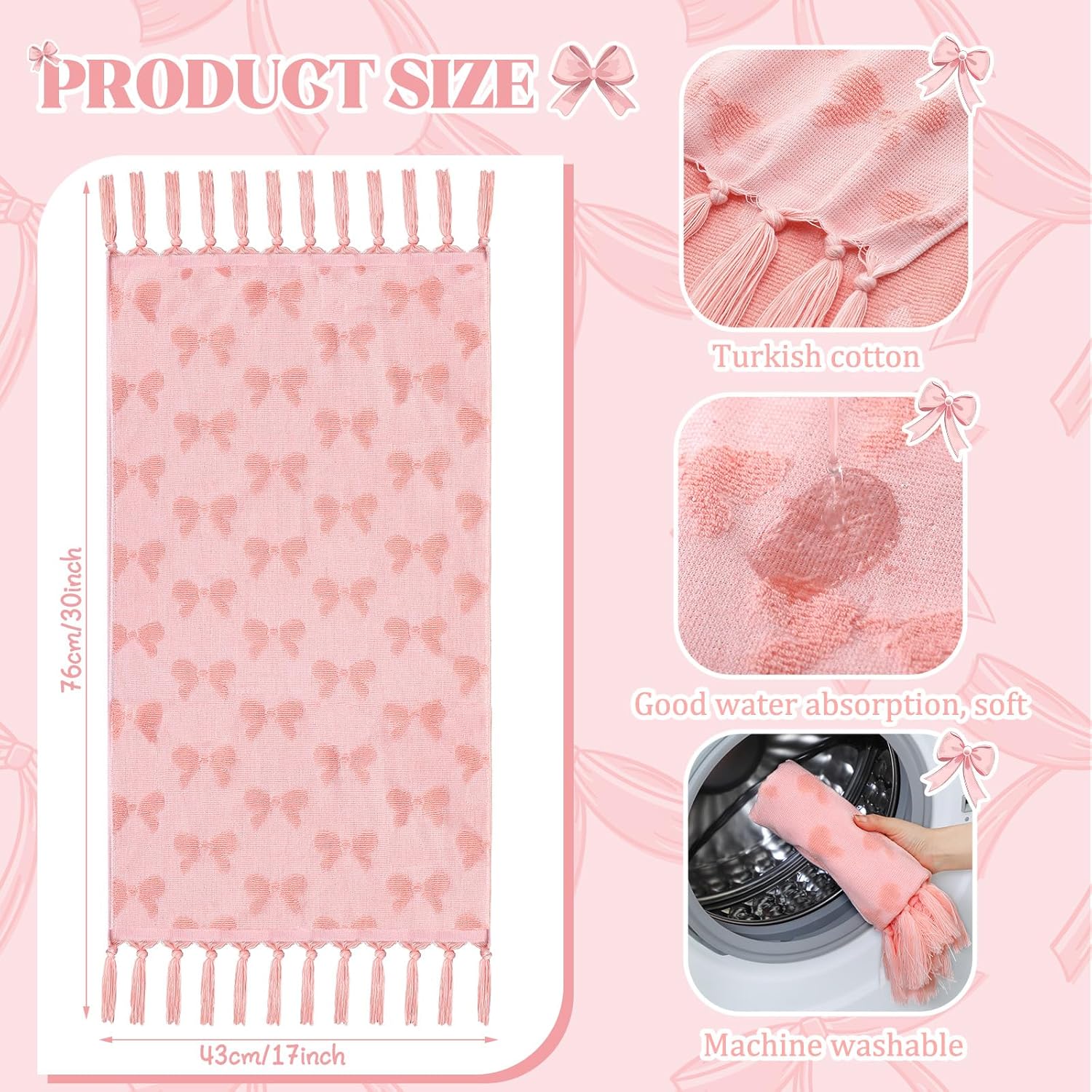 Pink Bow Hand Towels Coquette Hand Towels - Set of 3 for Bathroom Pink Bowknot Gifts Turkish Tufted Cotton Soft Absorbent 30 x 17 Inch