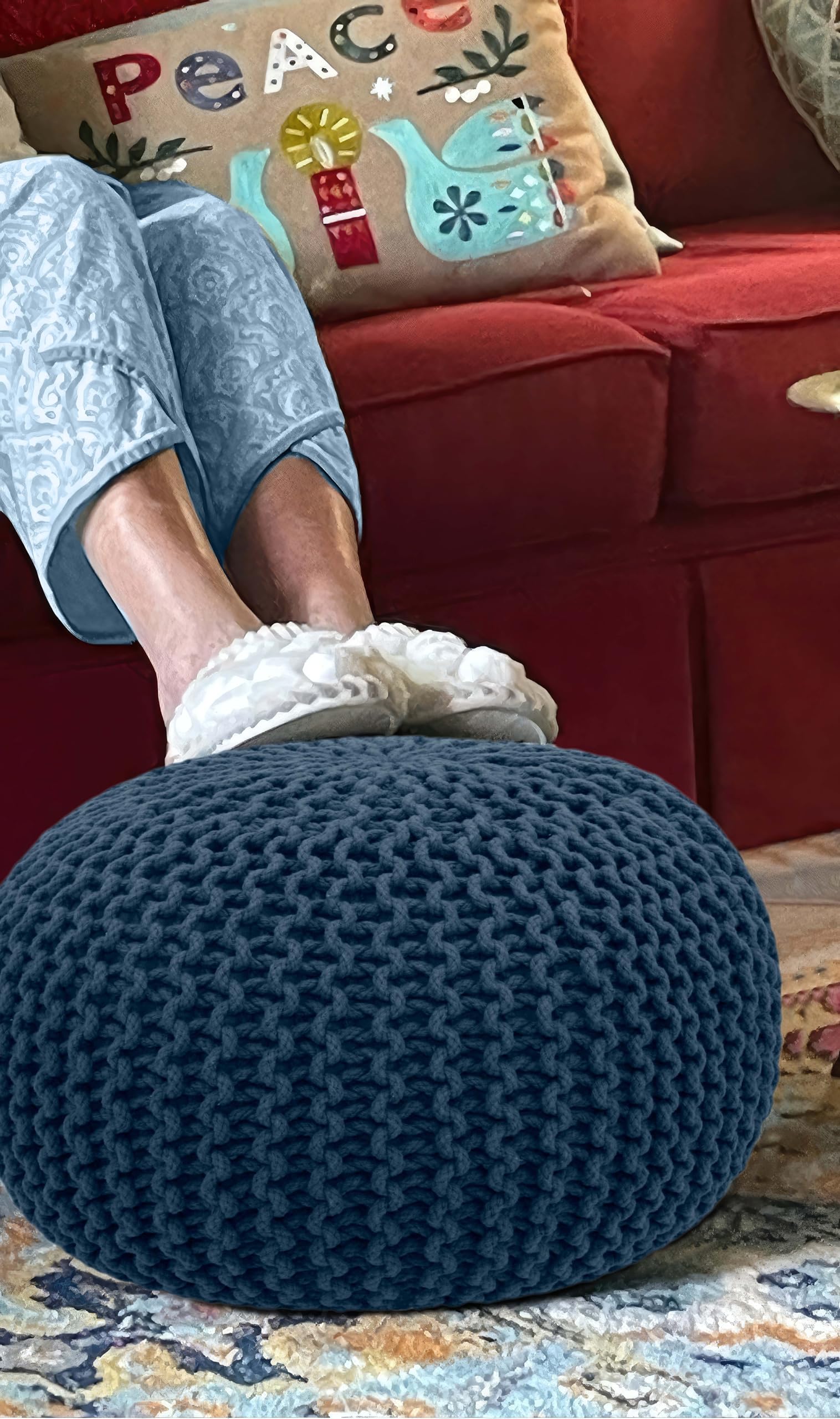 Hand-Knitted Cotton Round Pouf â€?Braid Cord Ottoman, Footrest, and Accent Seat for Living Room, Nursery, Kids Room, or Dorm Décor â€?20x14