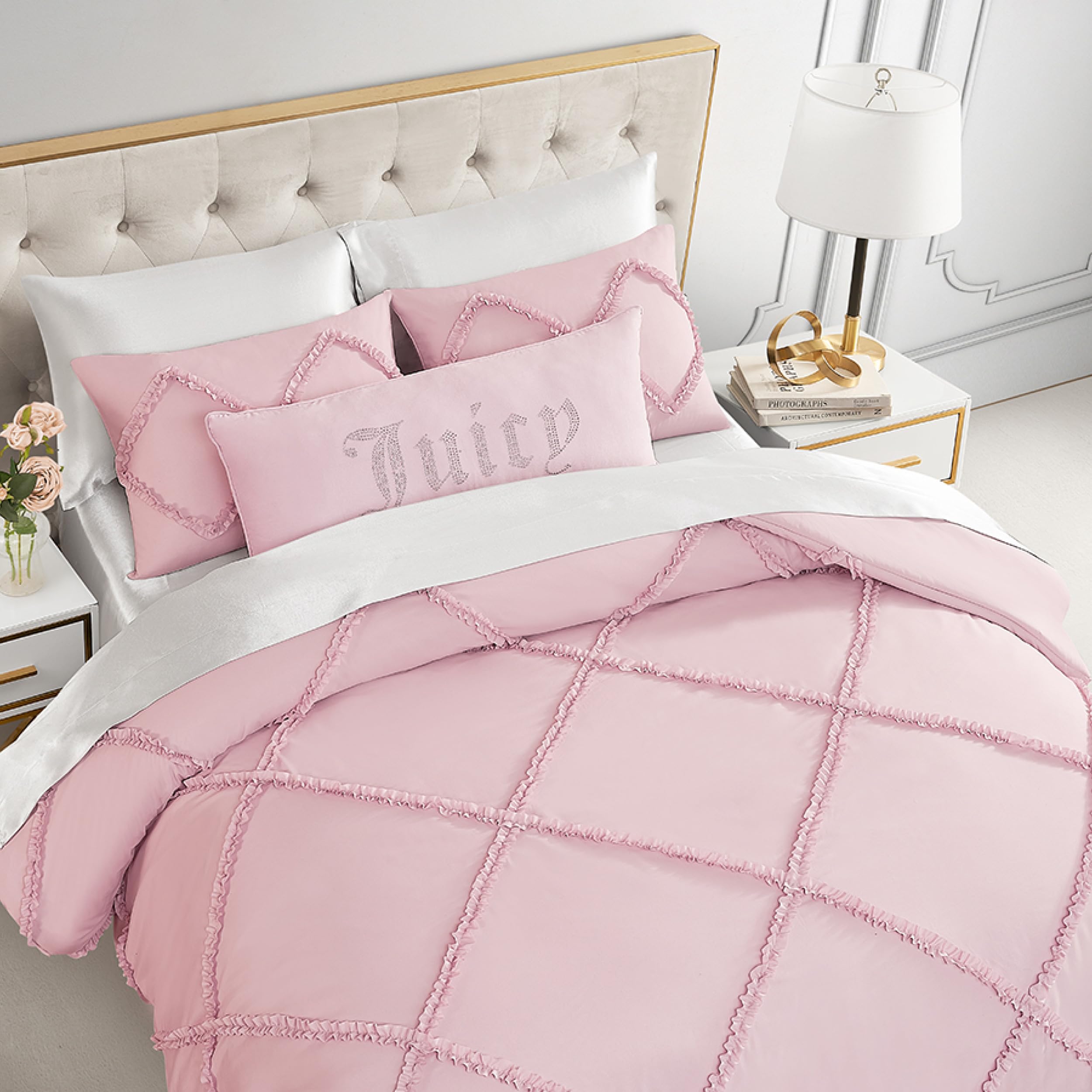 Juicy Couture Diamond Queen Comforter Set - Ruffle 3-Piece Machine Washable Reversible Bedding Comforter Set