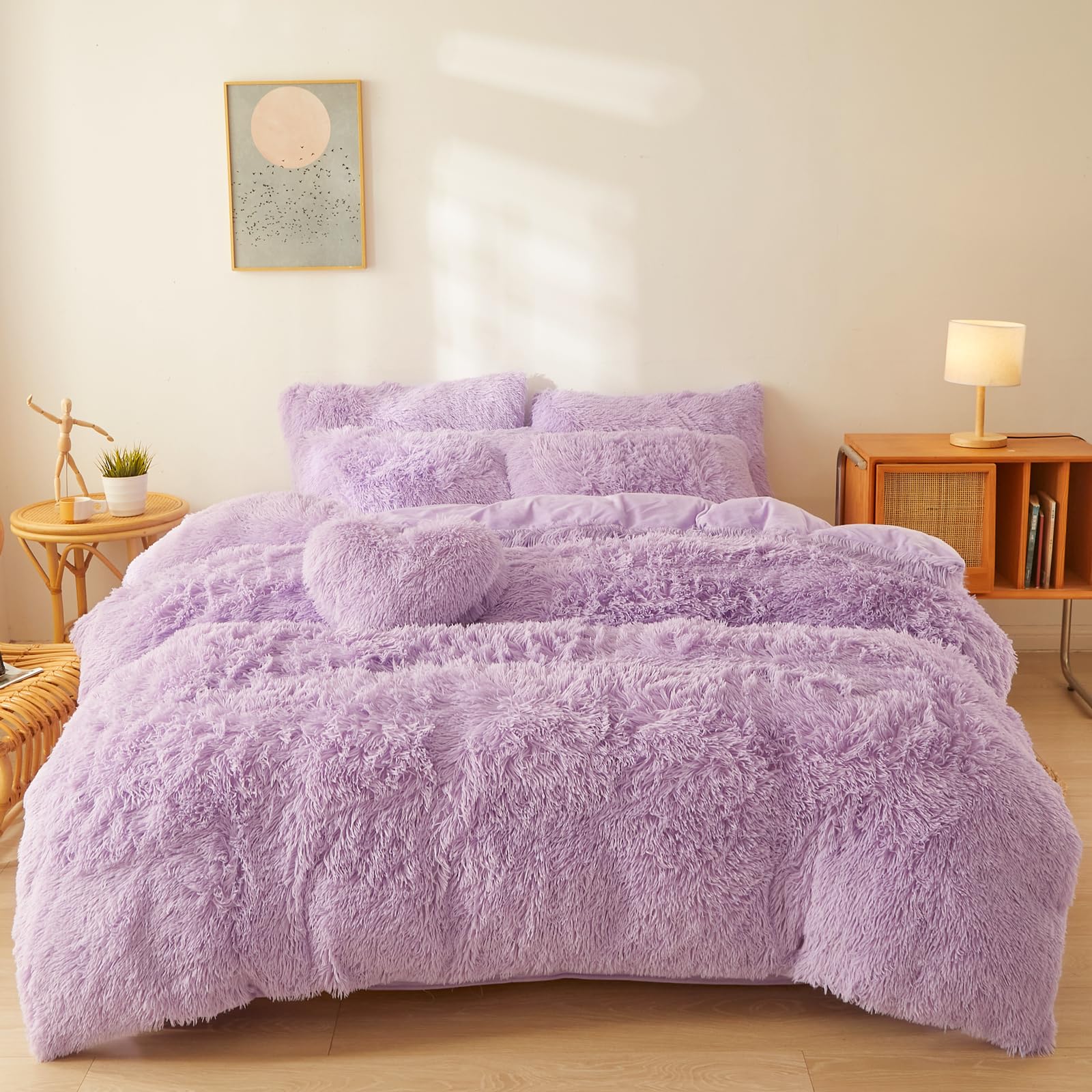 Fluffy Faux Fur Comforter Cover Set Queen - Ultra Soft Plush Bedding Sets 3 Pieces (1 Fluffy Duvet Cover + 2 Faux Fur Pillow case) Cute Bed Set