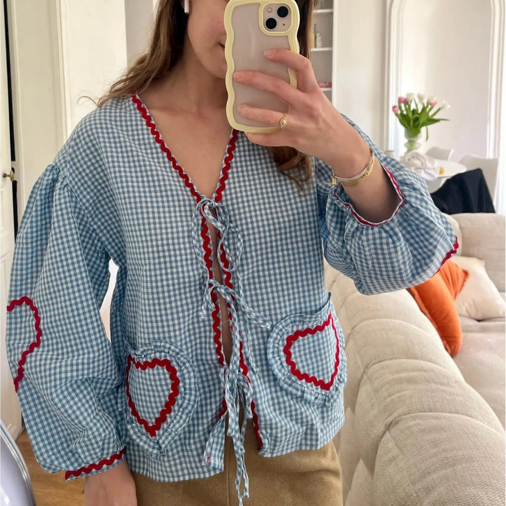 Tie Front Tops for Women Gingham Babydoll Bow Top Puff Sleeve Coquette Tops Heart Long Sleeve Cute Spring Tops