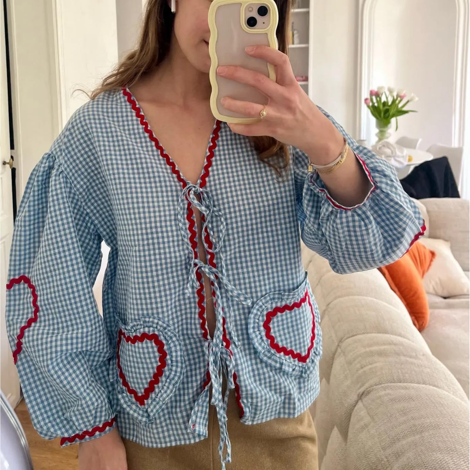 Tie Front Tops for Women Gingham Babydoll Bow Top Puff Sleeve Coquette Tops Heart Long Sleeve Cute Spring Tops